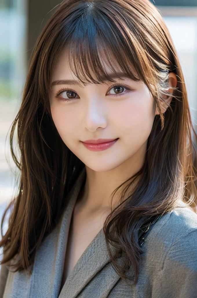 (highest quality:1.5)、(Realistic:1.5)、(1 person:1.5)、Very detailed、finely、High resolution、8k wallpaper、Perfect dynamic composition、Small breasts、Natural color lip、Cute Smile、Japanese women、20-year-old girl、Beautiful and elaborate face、Perfect and beautiful face、Beautiful and exquisite、Big eyes、Brunette's eyes、Beautiful and elaborate face、Perfect and beautiful double eyelids、Natural Bangs、Beautiful thin nose、Beautiful Skin、Chestnut Hair、Hair tied up、Natural Bangs、No background、Perfect and beautiful face、Natural pose、Slim face and figure、(Looking into the camera)、Bright lighting、Professional Lighting、Front lighting、Bold sexy pose、Natural smile、Make it cold、Holter shoulder、business suit、Cool.(A sexy shot of her looking straight into the camera)、