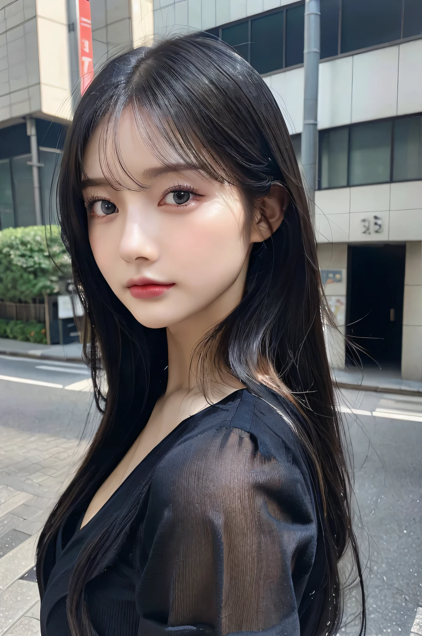 (Top quality,masterpiece:1.3,Ultra-high resolution,),(Ultra Detailed,Caustic lines),(Realism:1.4,RAW Shooting,)Ultra-realistic capture,a very detailed,HD 16K for human skin、 Natural skin texture、、Skin looks healthy and even-toned、 Use natural light and color,A woman,White European,,Kawaii,A black-haired one, Black long hair,(Depth of Field、Chromatic Aberration、、Wide lighting range、Natural shade、)、(hair swaying in the wind:1.2)、Tokyo streets, Ruddy and shiny lips, long dark hair, blue or green eyes,Sexy,Charm,Black lace