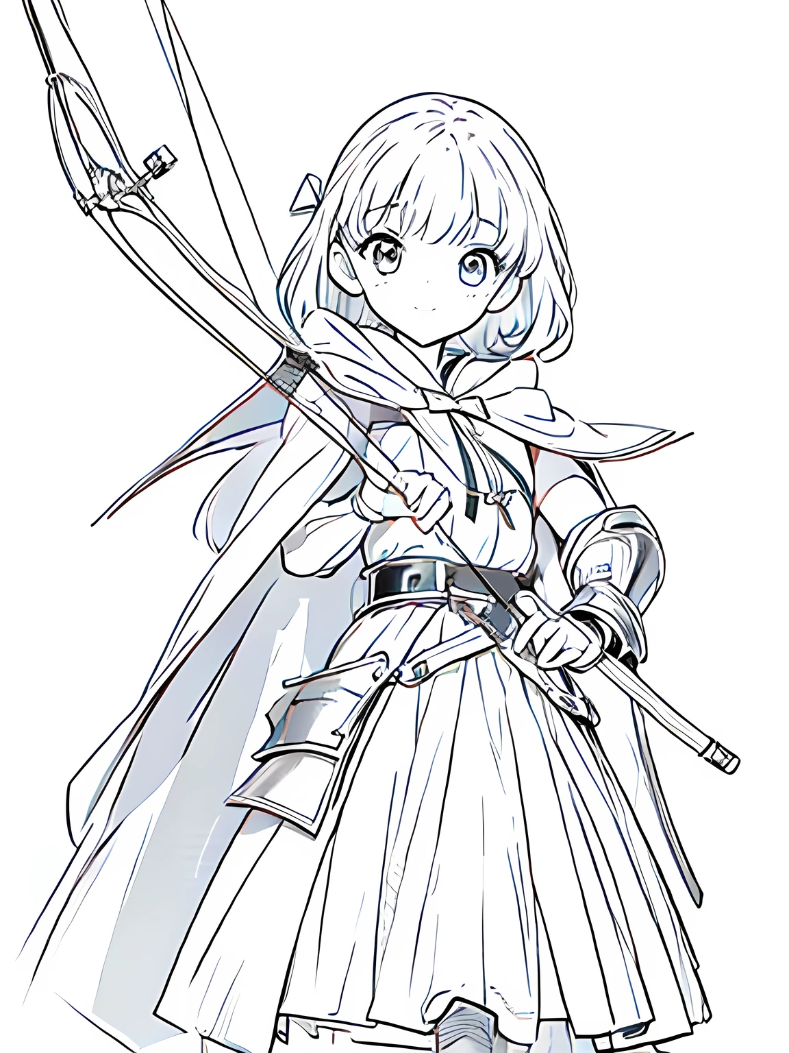 Line art background, background, Monochrome, Line art, ((sketch)),Highest quality,masterpiece,monochrome,Lineart,single color,Create a detailed coloring page少女、Big eyes、Bow user、archery、leather armor、Hooded cape、Hooded cloak、boots、pants、Tunic、Pouch、belt、gloves、Gauntlet、bow、arrow、nature lover、Calm、High accuracy、Concentration,girl