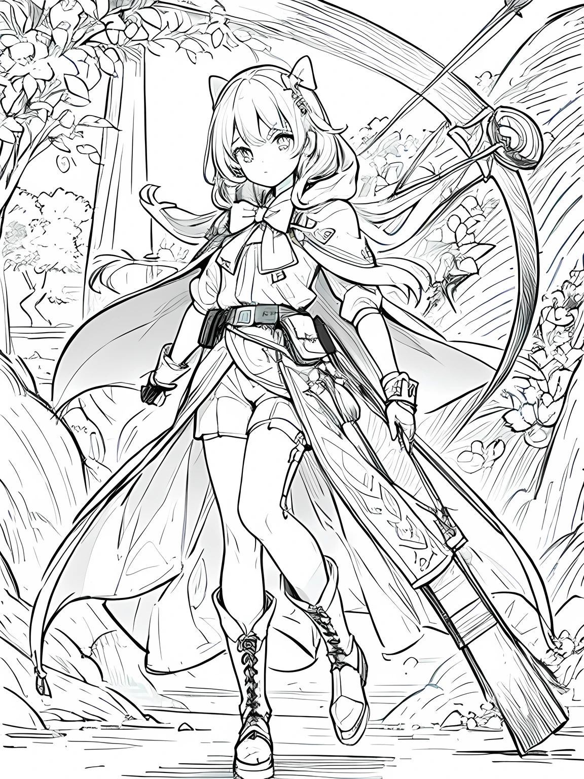 Line art background, background, Monochrome, Line art, ((sketch)),Highest quality,masterpiece,monochrome,Lineart,single color,Create a detailed coloring page少女、Big eyes、Bow user、archery、leather armor、Hooded cape、Hooded cloak、boots、pants、Tunic、Pouch、belt、gloves、Gauntlet、bow、arrow、nature lover、Calm、High accuracy、Concentration,girl