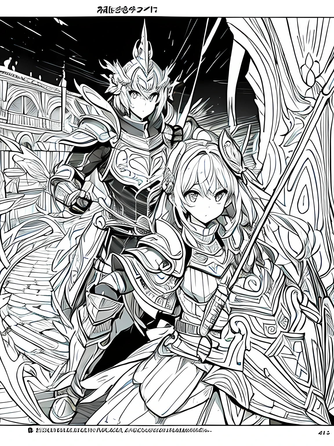 Line art background, background, Monochrome, Line art, ((sketch)),Highest quality,masterpiece,monochrome,Lineart,single color,Create a detailed coloring page,Girl、Big eyes、Plate Armor、Helmet、Tower Shield、Kite Shield、Long sword、Big Axe、hammer、Gauntlet、Greaves、Buckler、High protection、protection、brave、Dedication、Strong leadership、Highly trusted、Powerful physical attack、