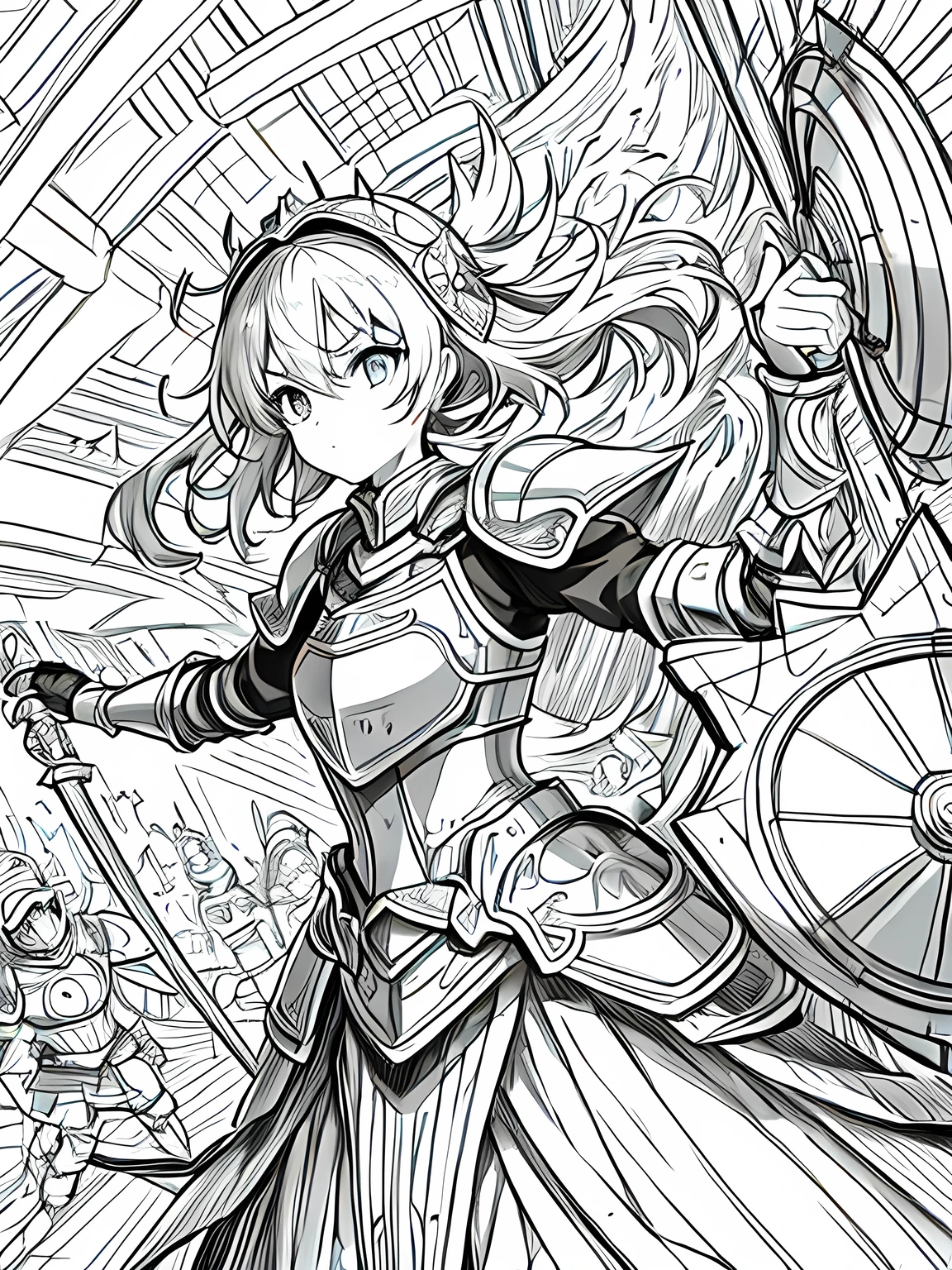 Line art background, background, Monochrome, Line art, ((sketch)),Highest quality,masterpiece,monochrome,Lineart,single color,Create a detailed coloring page,Girl、Big eyes、Plate Armor、Helmet、Tower Shield、Kite Shield、Long sword、Big Axe、hammer、Gauntlet、Greaves、Buckler、High protection、protection、brave、Dedication、Strong leadership、Highly trusted、Powerful physical attack、