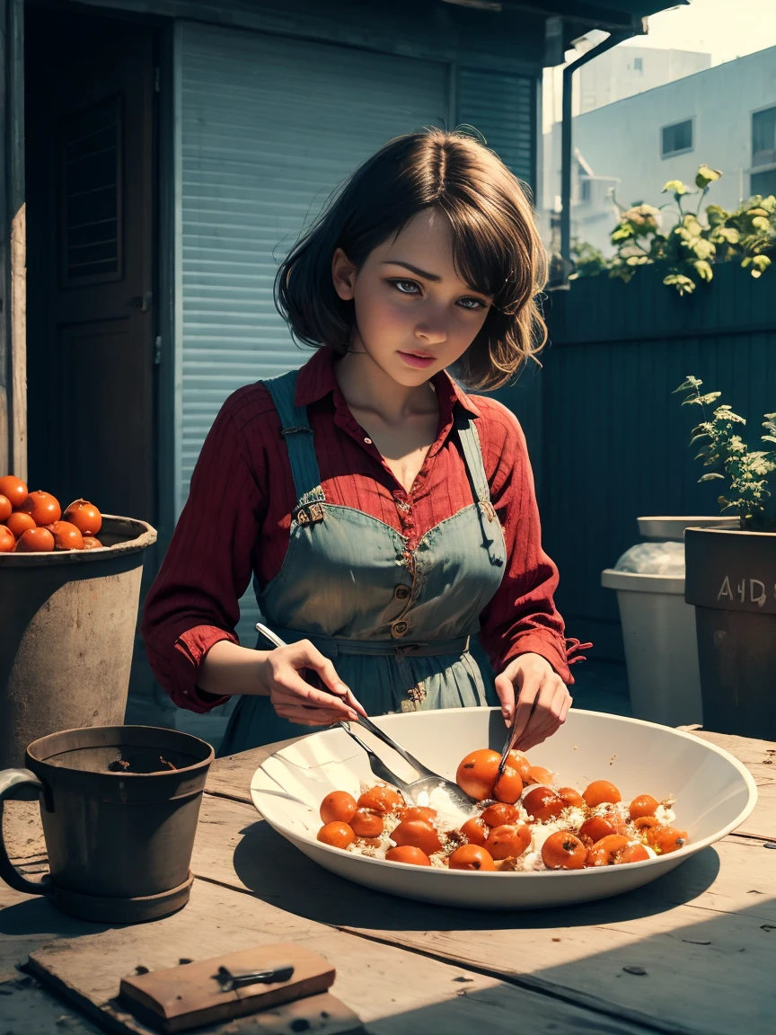 1920s,A very poor red-haired Victorian domestic worker, In the backyard of a small Victorian working class apartment,Wearing a tattered red maid costume,She ate a ripe, juicy tomato,While tending to the vegetable garden, Extremely detailed and complex, Bokeh, Shallow and deep, Don Lawrence realistic color comic scene style, Low profile, Octane Rendering, Octane Lighting