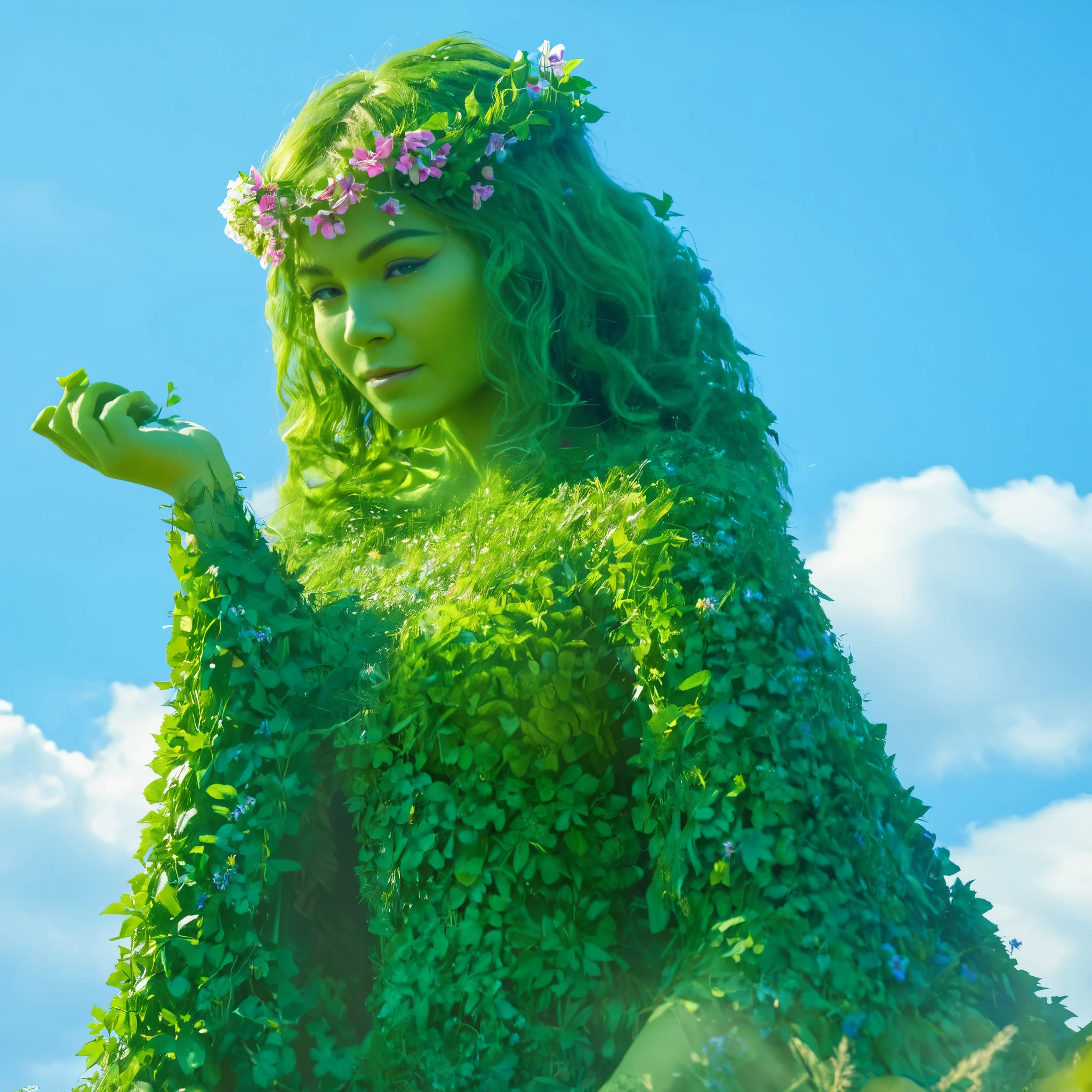 Very big mountain made out of flowers and grass, woman made of plants, very big mountain, with many clouds around, goddess of nature, mother nature, earth goddess mythology, mother earth, fey queen of the summer forest, beautiful avatar pictures, nature goddess, queen of nature, humanoid flora, dreamworks animated bjork, animated film, zendaya as she-hulk, dress made of green leaves, (masutepiece:1.3), (8K, Photorealistic, Raw photo, Best Quality:1.4), Sharp Focus:1.2