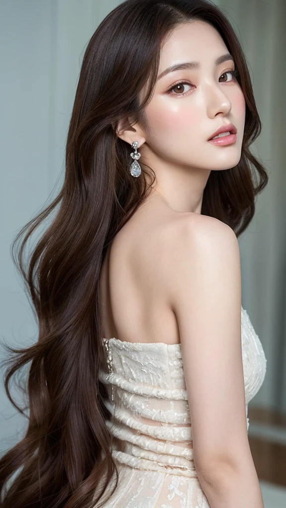 highest quality、Realistic、Photorealistic、Very detailed、Very delicate and beautiful、RAW Photos、Professional Lighting、Facial Light、Written boundary depth、Focus Only、Esbian all over,1 female (Beach at night):1.4)、Brown haired、Brown eyes、Small Head、Beautiful Eyes、Dark eyeliner、Very large breasts、True Face、Real Skin、A vivid face、Realistic Skin、Detailed eyes、Detailed facial features、Detailed characteristics of the garment、(Fashion Clothing:1.3) ), (Fashion Hairstyles: 1.3)、 Looking at the audience, Simple Background, Magnificent face and big, Beautiful Teeth、Cleavage