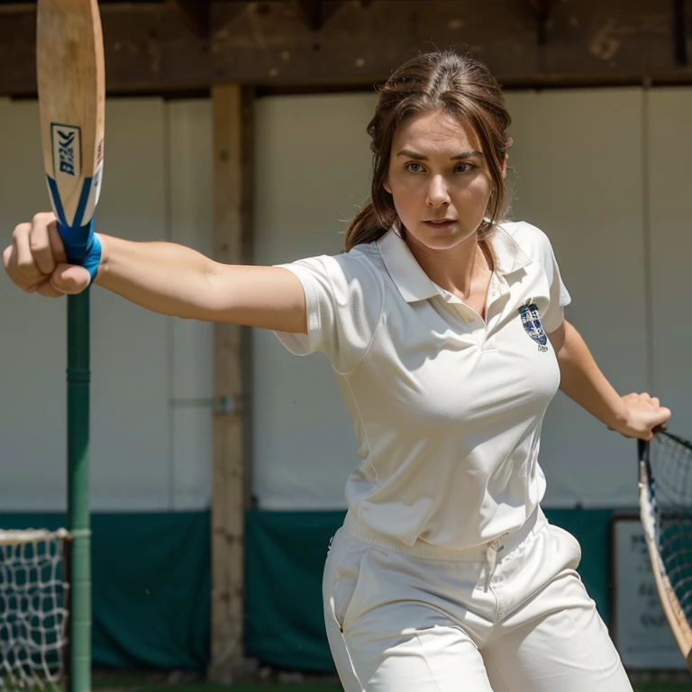 "A tall, 39-year-old woman with a round-shaped face, white skin, and chestnut brown hair disheveled and flowing down to her breasts in two parted sides is practicing her batting skills in a cricket net. She wears a cricket kit consisting of a white polo shirt, white pants, and cricket shoes. With a focused expression, she grips the bat firmly, her stance steady as she prepares to face an incoming ball. The sun shines down, highlighting the determination in her eyes as she swings the bat with precision and power."