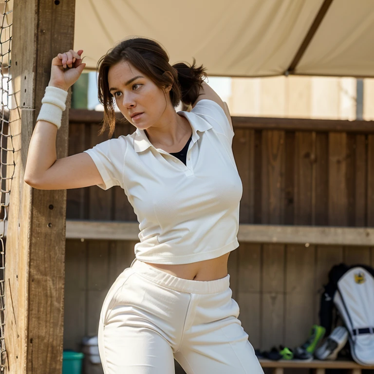 "A tall, 39-year-old woman with a round-shaped face, white skin, and chestnut brown hair disheveled and flowing down to her breasts in two parted sides is practicing her batting skills in a cricket net. She wears a cricket kit consisting of a white polo shirt, white pants, and cricket shoes. With a focused expression, she grips the bat firmly, her stance steady as she prepares to face an incoming ball. The sun shines down, highlighting the determination in her eyes as she swings the bat with precision and power."