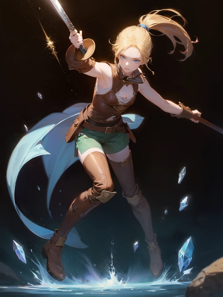 masterpiece, best quality, rpg character art, epic fantasy art style, 1 woman, Emily, 18 year old woman, she lunges forward with a sword in her hand, dynamic fighting scene, wind wrapped around her to show rapid movement, mature and confident demeanor, full body fantasy concept art, blond hair tied in a loose ponytail, hair comes down to her mid-back, crystal blue eyes, high detail, wearing adventurer gear, fitted white blouse with a high collar, underneath a dark, form-fitting vest or tunic, (((blouse has small brown leather shoulder pads))), olive green pants with a leather belt tucked into knee-high brown leather boots, backpack, attire is modest but feminine, intricate details, ultra high resolution, sharp focus, HD, 8k, clear facial features, clear details, background is an open fantasy field