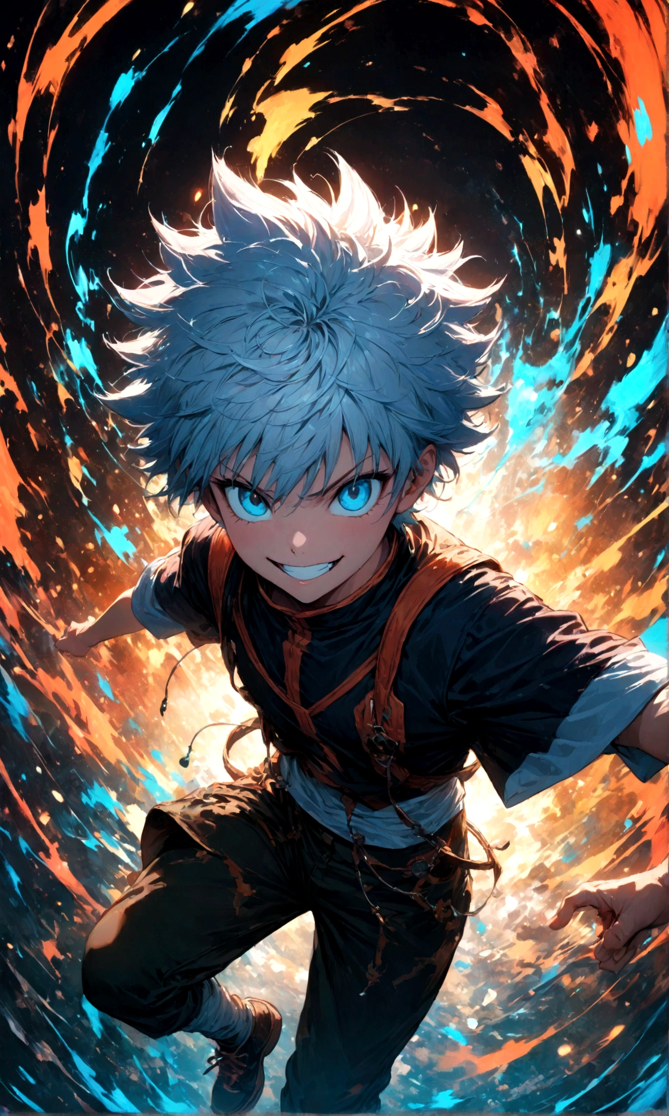 1 teenager,Killua,Hunter x Hunter,Killuaの衣装,Yo-yo,Sui Ishida's painting style,Intricate details,Use black and white as your main colors,Decadent,artwork,rendering,Dynamic Pose,(masterpiece:1.3),(highest quality:1.4),(ultra detailed:1.5),High resolution,extremely detailed,unity 8k wallpaper,Dark fantasy,Brush strokes,Glare,Battle Style,Crazy smile