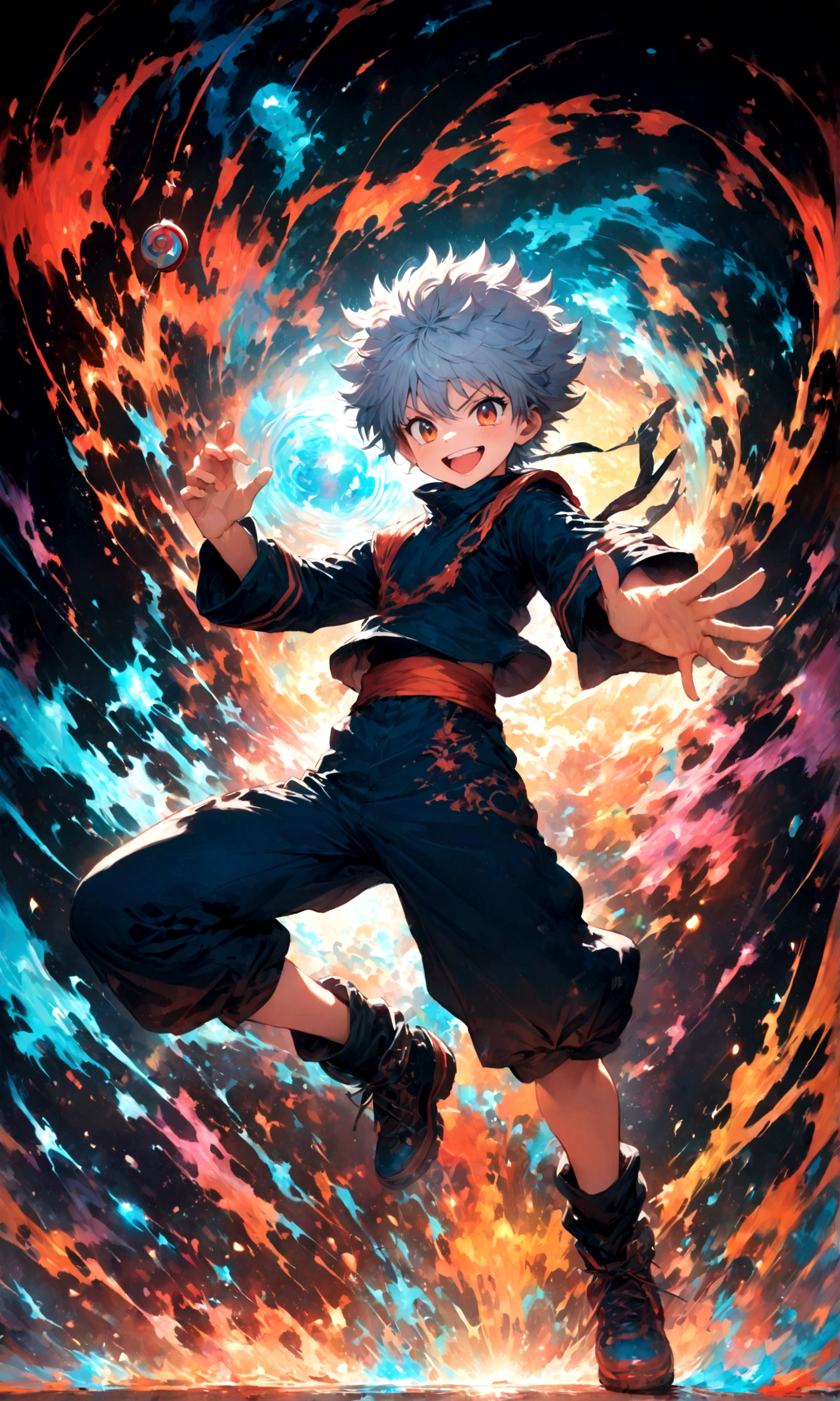1 teenager,Killua,Hunter x Hunter,Killuaの衣装,Yo-yo,Sui Ishida's painting style,Intricate details,Use black and white as your main colors,Decadent,artwork,rendering,Dynamic Pose,(masterpiece:1.3),(highest quality:1.4),(ultra detailed:1.5),High resolution,extremely detailed,unity 8k wallpaper,Dark fantasy,Brush strokes,Glare,Battle Style,Crazy smile