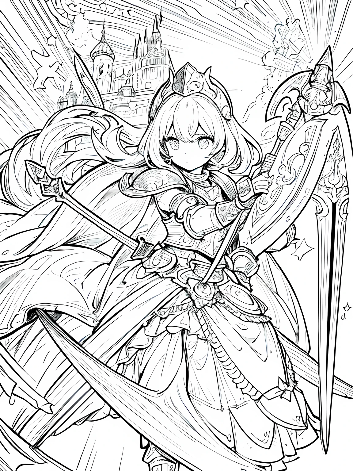 Line art background, background, Monochrome, Line art, ((sketch)),Highest quality,masterpiece,monochrome,Lineart,single color,Create a detailed coloring page,Girl、Big eyes、Plate Armor、Helmet、Tower Shield、Kite Shield、Long sword、Big Axe、hammer、Gauntlet、Greaves、Buckler、High protection、protection、brave、Dedication、Strong leadership、Highly trusted、Powerful physical attack、