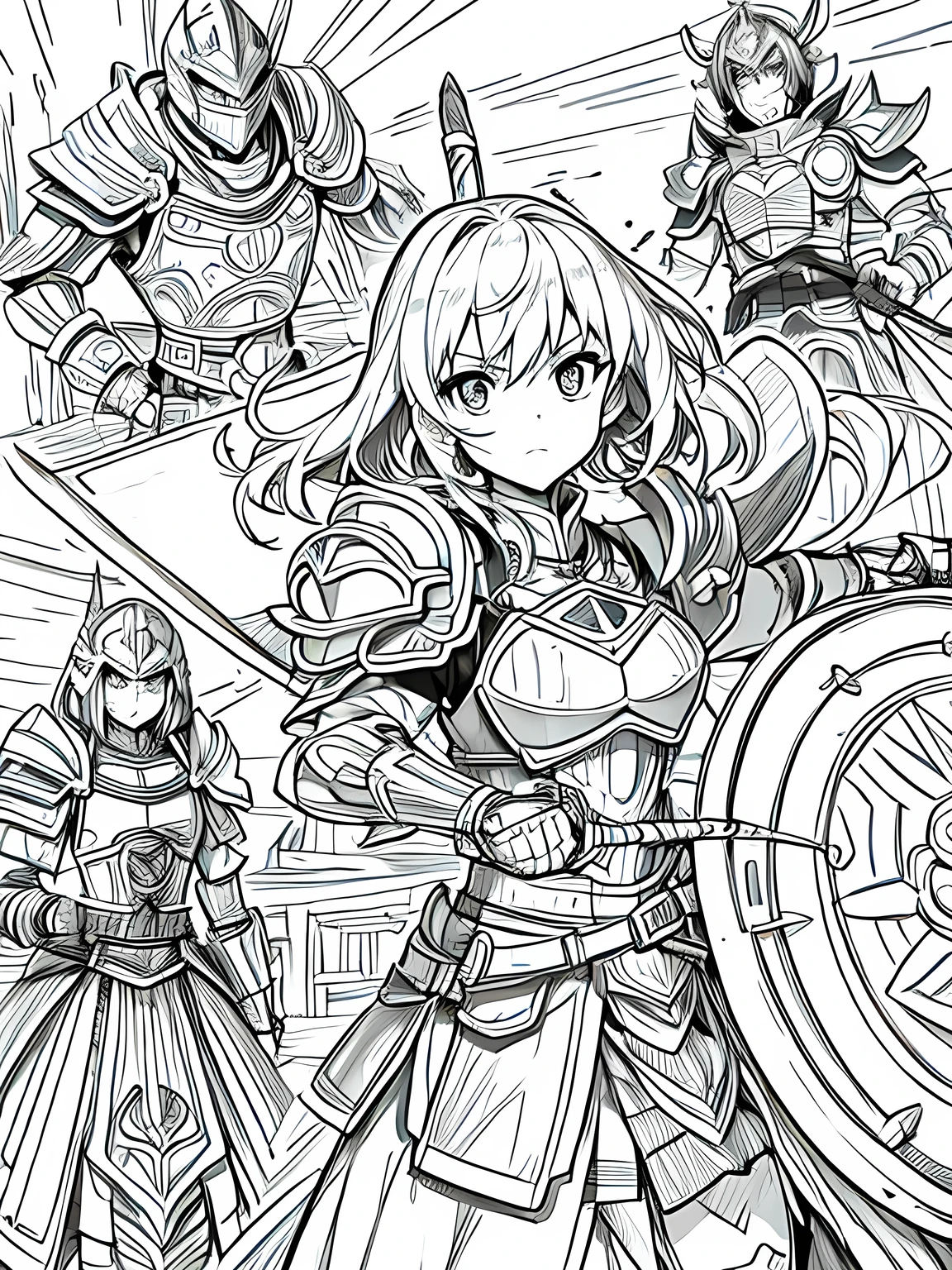 Line art background, background, Monochrome, Line art, ((sketch)),Highest quality,masterpiece,monochrome,Lineart,single color,Create a detailed coloring page,Girl、Big eyes、Plate Armor、Helmet、Tower Shield、Kite Shield、Long sword、Big Axe、hammer、Gauntlet、Greaves、Buckler、High protection、protection、brave、Dedication、Strong leadership、Highly trusted、Powerful physical attack、