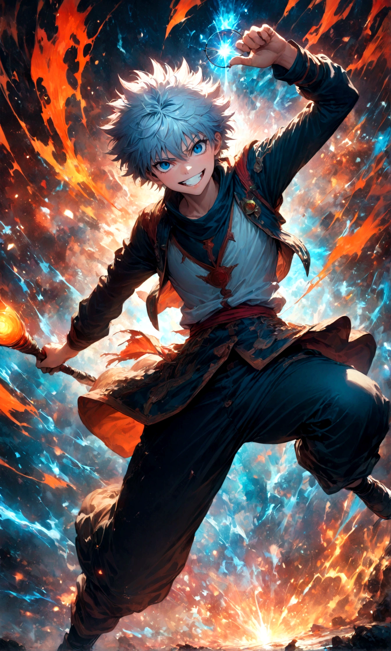 1 teenager,Killua,Hunter x Hunter,Killuaの衣装,Yo-yo,Sui Ishida's painting style,Intricate details,Use black and white as your main colors,Decadent,artwork,rendering,Dynamic Pose,(masterpiece:1.3),(highest quality:1.4),(ultra detailed:1.5),High resolution,extremely detailed,unity 8k wallpaper,Dark fantasy,Brush strokes,Glare,Battle Style,Crazy smile