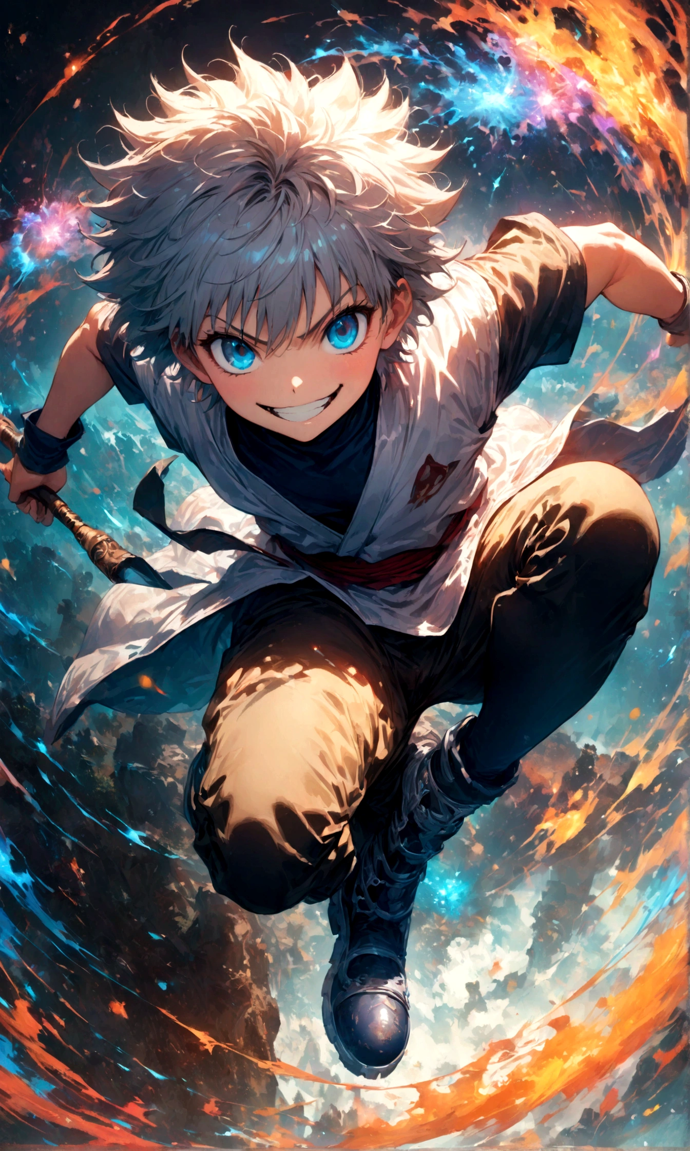 1 teenager,Killua,Hunter x Hunter,Killuaの衣装,Yo-yo,Sui Ishida's painting style,Intricate details,Use black and white as your main colors,Decadent,artwork,rendering,Dynamic Pose,(masterpiece:1.3),(highest quality:1.4),(ultra detailed:1.5),High resolution,extremely detailed,unity 8k wallpaper,Dark fantasy,Brush strokes,Glare,Battle Style,Crazy smile