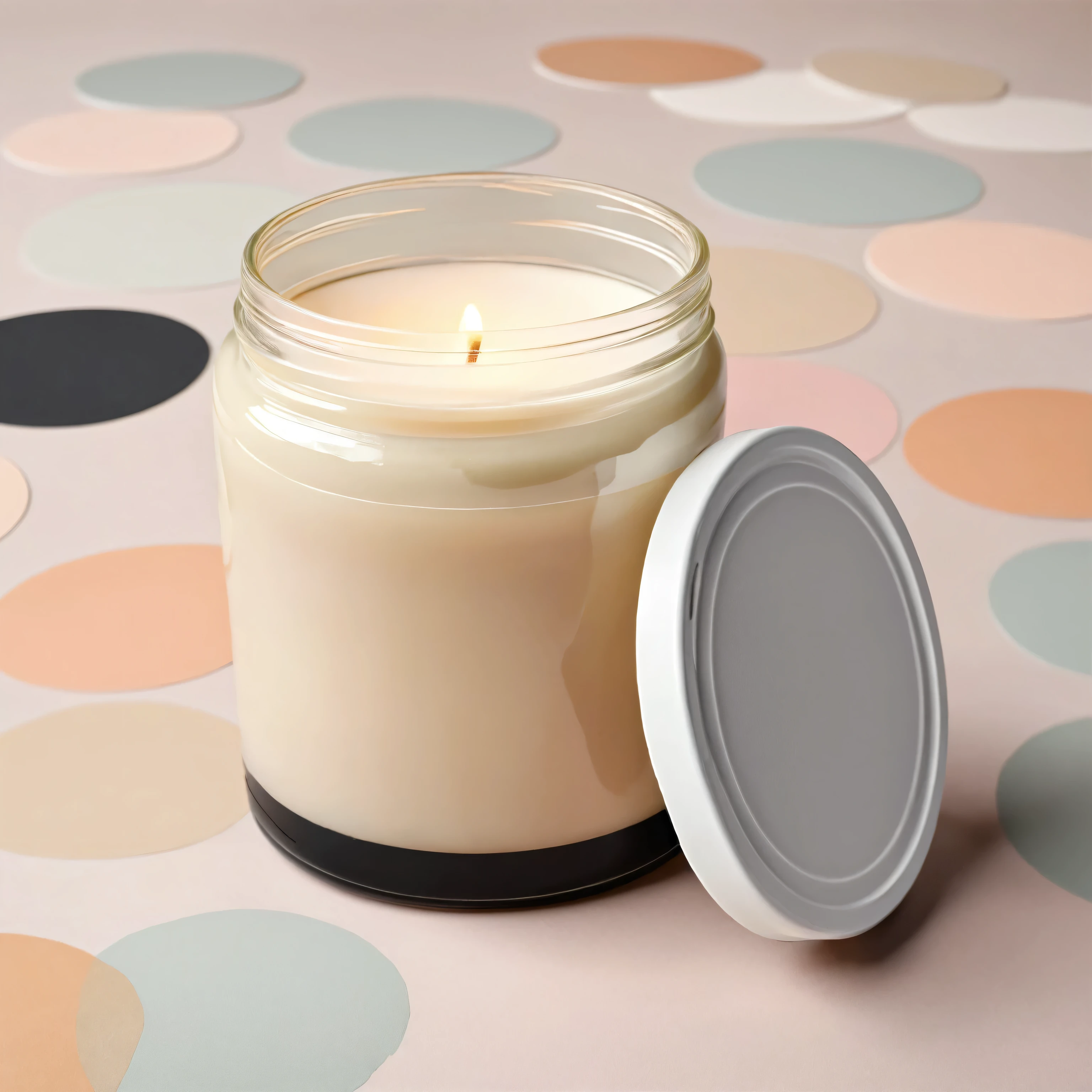 Mockup empty, a blank beige candle in a jar with white label and black lid standing on a plain surface, surrounded with abstract geometric shapes, pastel colors