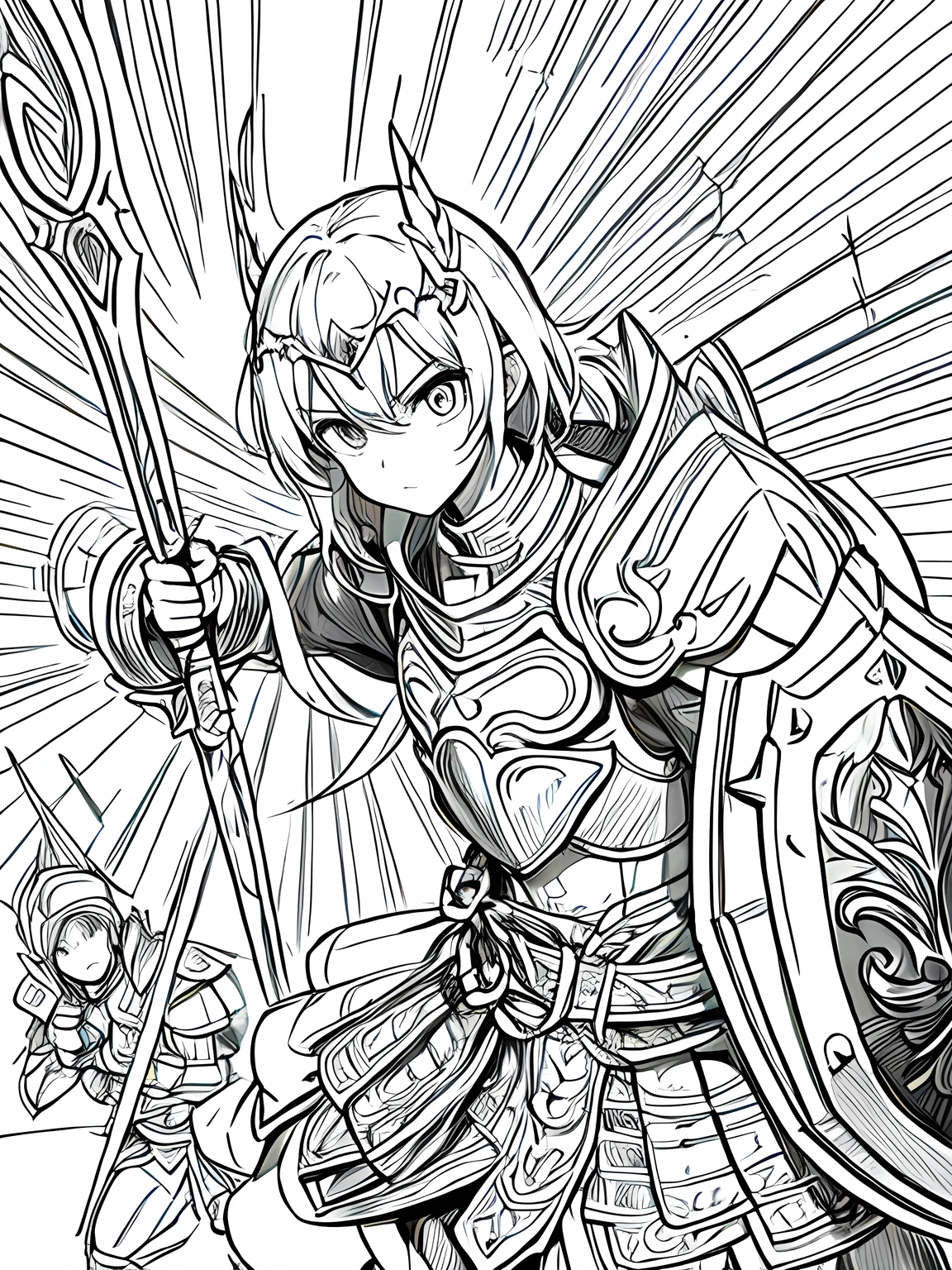 Line art background, background, Monochrome, Line art, ((sketch)),Highest quality,masterpiece,monochrome,Lineart,single color,Create a detailed coloring page,Girl、Big eyes、Plate Armor、Helmet、Tower Shield、Kite Shield、Long sword、Big Axe、hammer、Gauntlet、Greaves、Buckler、High protection、protection、brave、Dedication、Strong leadership、Highly trusted、Powerful physical attack、