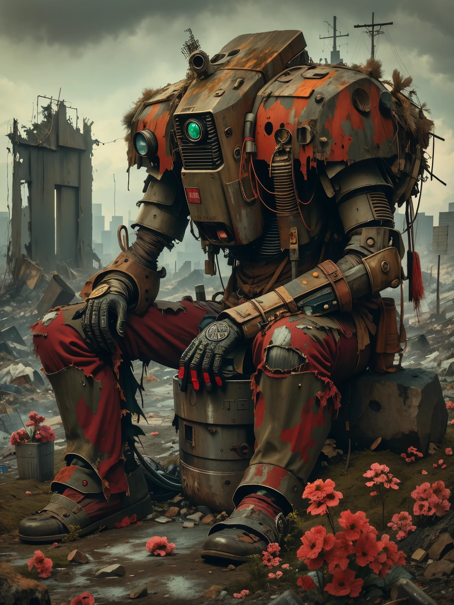 wasteland，A very poor old mech sitting on a rock thinking，Thinker，Hand on cheek，(Sitting:1.2)，rust，Wearing tattered red armor，The skyline in the distance，Gothic，moss，A small white flower，Cemetery，Gothic教堂，Blood red moon，Gothic元素，wildfires，cold，gloomy