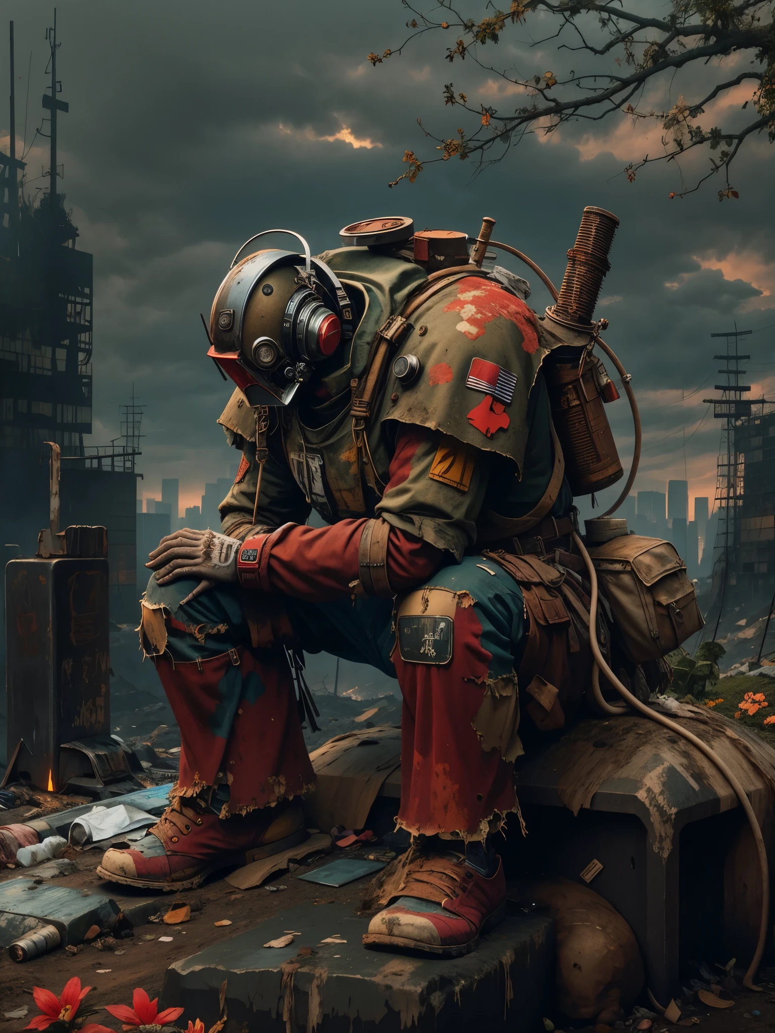 wasteland，A very poor old mech sitting on a rock thinking，Thinker，Hand on cheek，(Sitting:1.2)，rust，Wearing tattered red armor，The skyline in the distance，Gothic，moss，A small white flower，Cemetery，Gothic教堂，Blood red moon，Gothic元素，wildfires，cold，gloomy