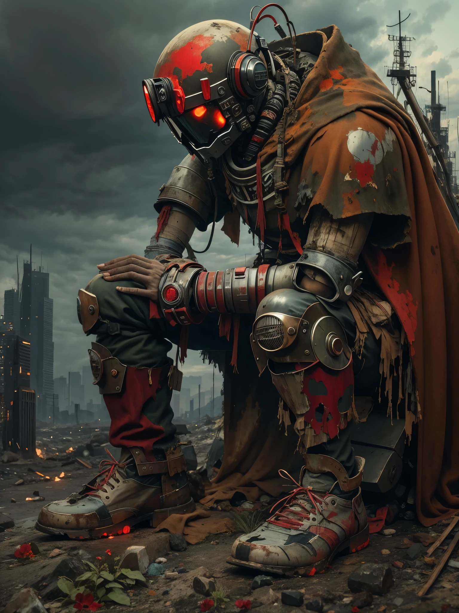 wasteland，A very poor old mech sitting on a rock thinking，Thinker，Hand on cheek，(Sitting:1.2)，rust，Wearing tattered red armor，The skyline in the distance，Gothic，moss，A small white flower，Cemetery，Gothic教堂，Blood red moon，Gothic元素，wildfires，cold，gloomy