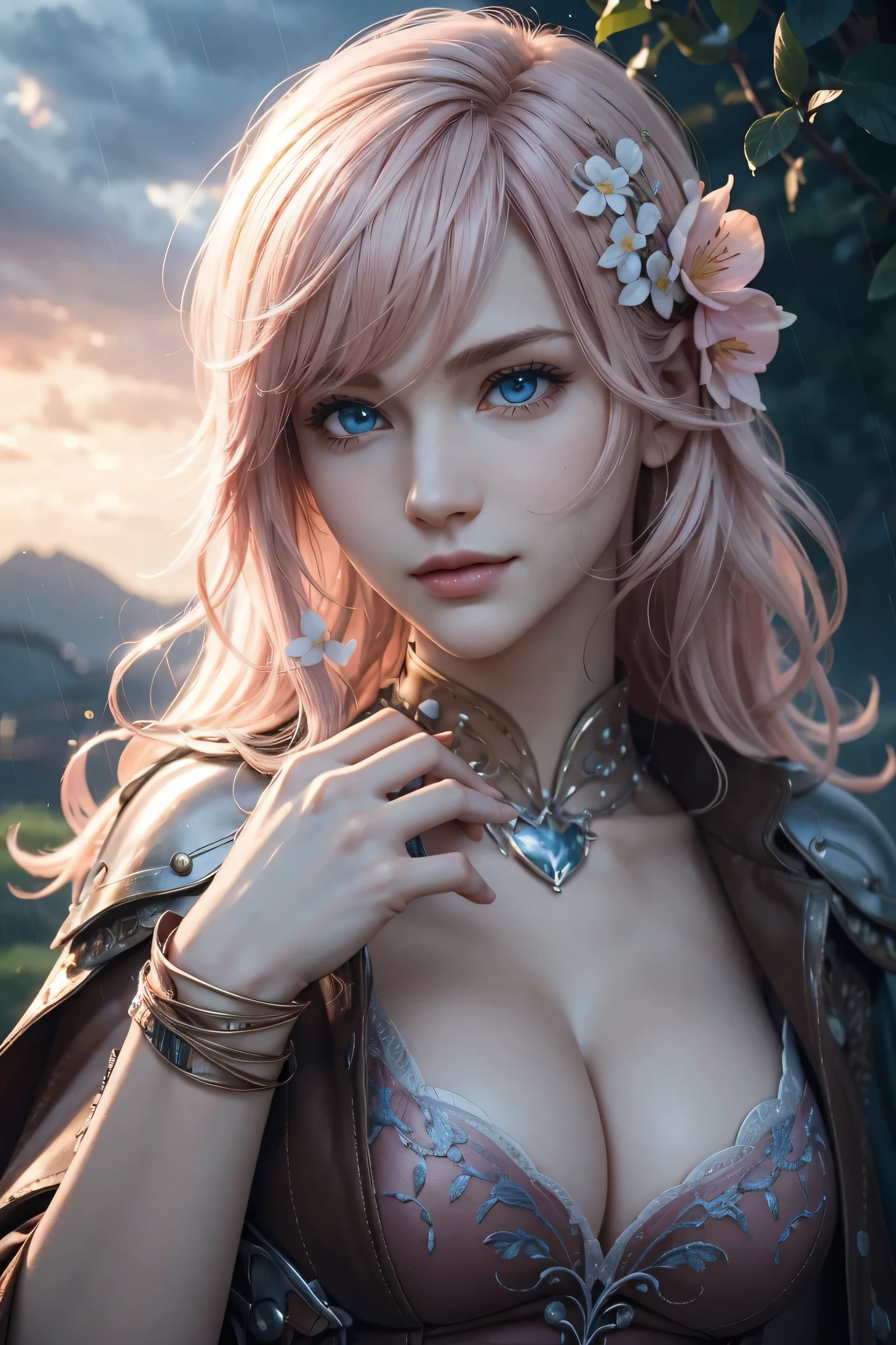 Thunder,Final Fantasy,Pink Blonde,Medium Hair,Lightly permed hair,Curly hair on one side,Let your bangs down,Beautiful Blue Eyes,Beautiful and tall nose,Ultra HD,super high quality,masterpiece,Digital SLR,Photorealistic,Detailed details,Vivid details,Depicted in detail,A detailed face,Detailed details,Super Detail,Realistic skin texture,Anatomical basis,Perfect Anatomy,Anatomically correct hand,Anatomically correct fingers,Complex 3D rendering,Sexy pose,,Beautiful morning glory(flower),Rainy Sky,Beautiful scenery,Fantastic rainy sky,Picturesque,Pink Lips,smile,Fantastic butterflies々,