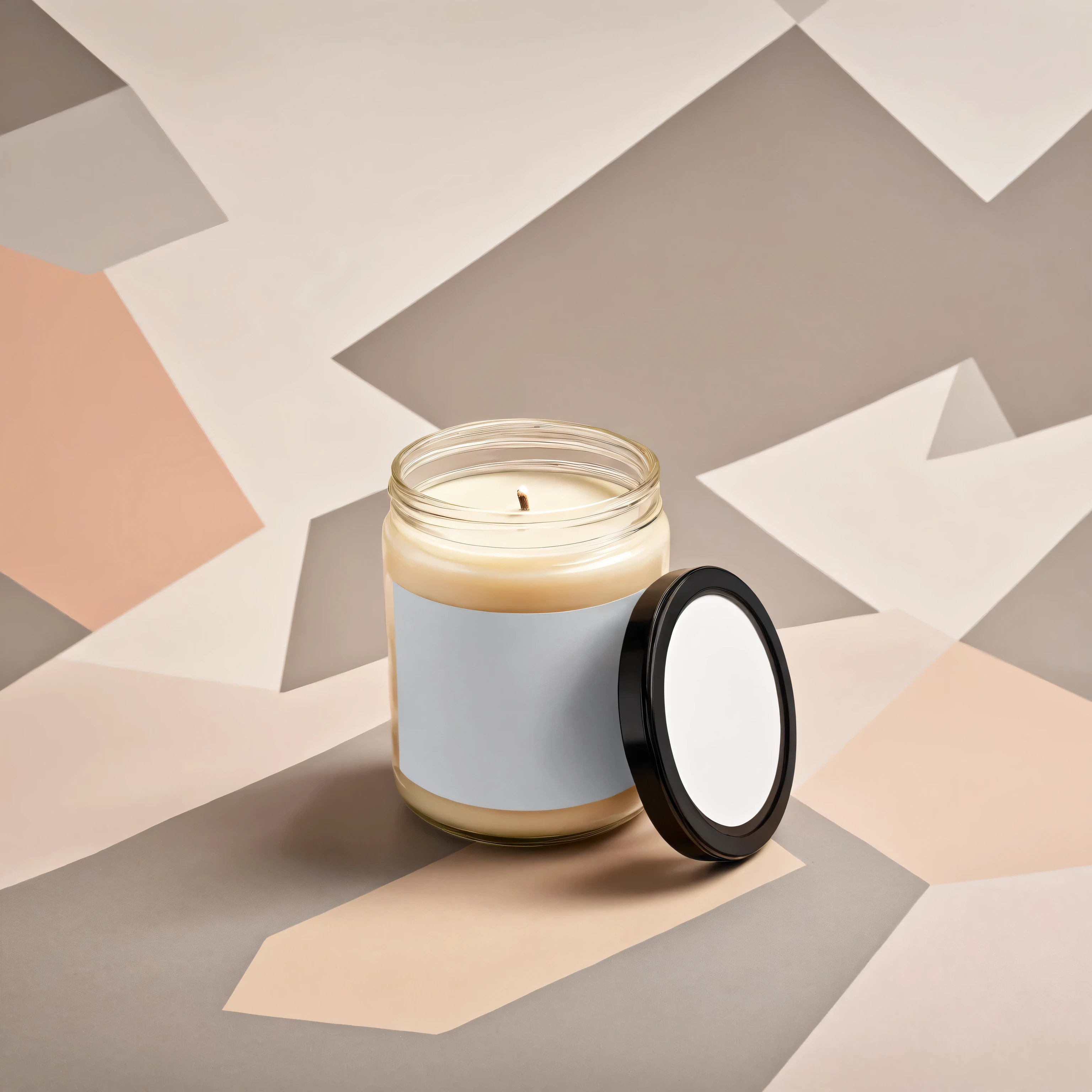 Mockup empty, a blank beige candle in a jar with white label and black lid standing on a plain surface, surrounded with abstract geometric shapes, pastel colors