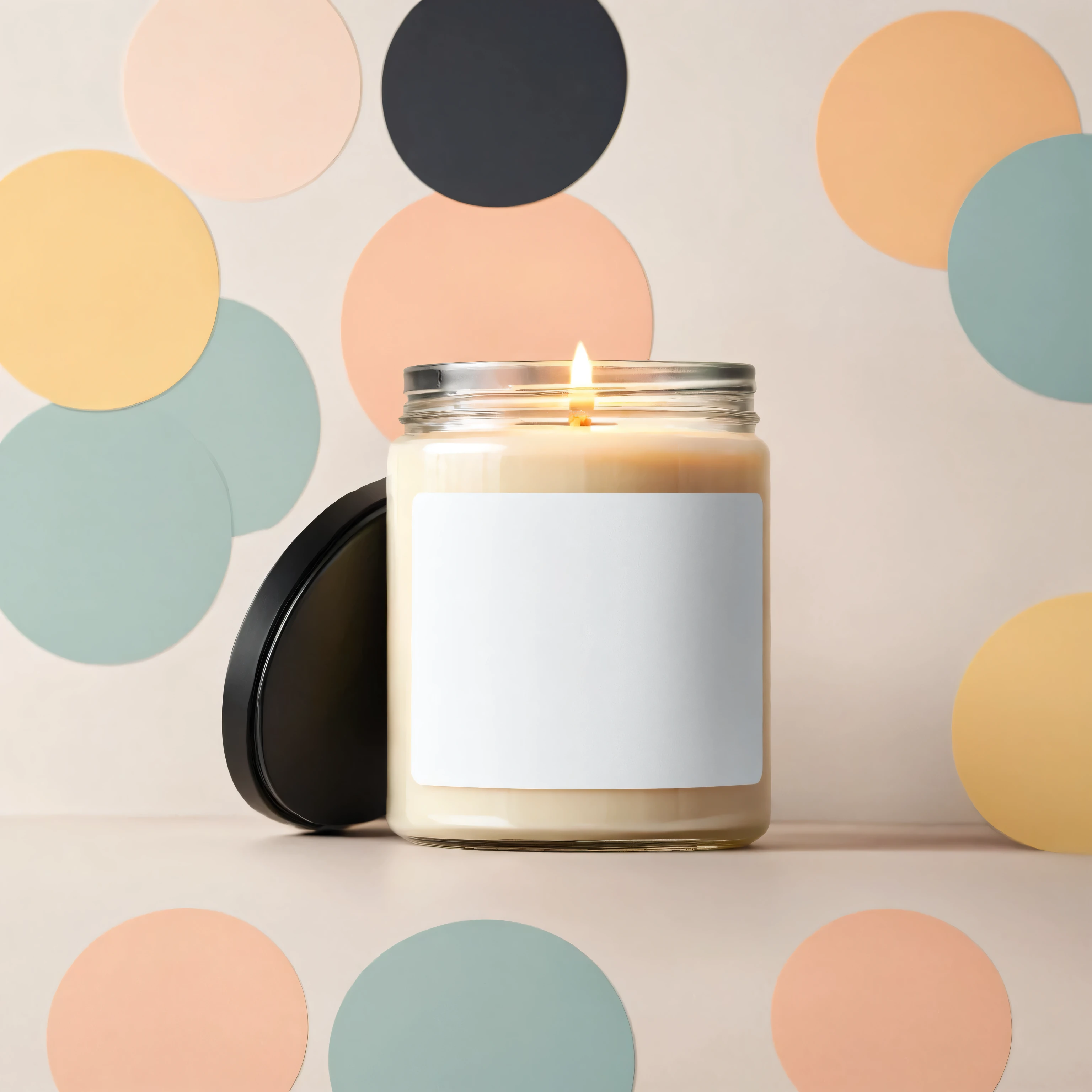 Mockup empty, a blank beige candle in a jar with white label and black lid standing on a plain surface, surrounded with abstract geometric shapes, pastel colors