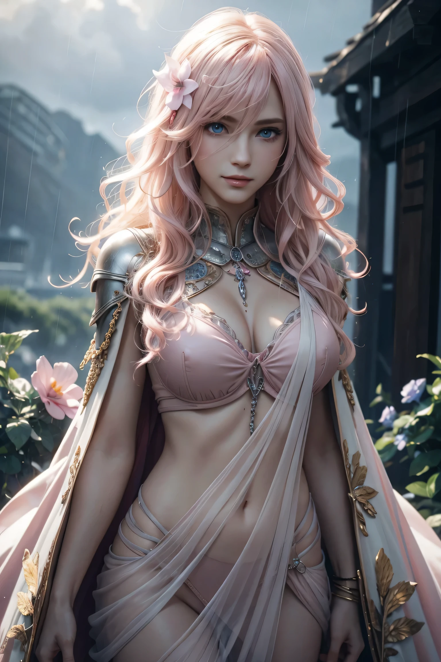 Thunder,Final Fantasy,Pink Blonde,Medium Hair,Lightly permed hair,Curly hair on one side,Let your bangs down,Beautiful Blue Eyes,Beautiful and tall nose,Ultra HD,super high quality,masterpiece,Digital SLR,Photorealistic,Detailed details,Vivid details,Depicted in detail,A detailed face,Detailed details,Super Detail,Realistic skin texture,Anatomical basis,Perfect Anatomy,Anatomically correct hand,Anatomically correct fingers,Complex 3D rendering,Sexy pose,,Beautiful morning glory(flower),Rainy Sky,Beautiful scenery,Fantastic rainy sky,Picturesque,Pink Lips,smile,Fantastic butterflies々,