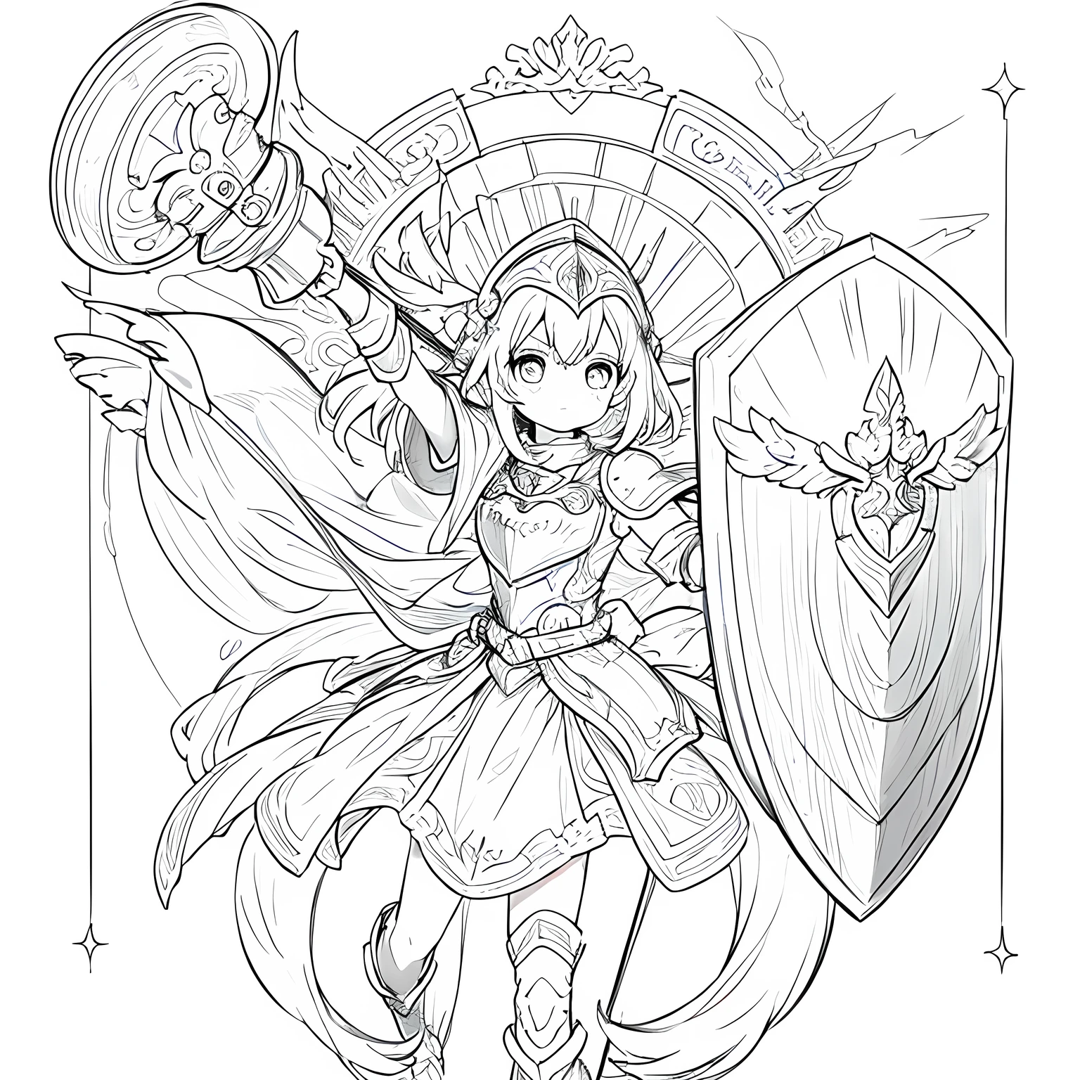 Line art background, background, Monochrome, Line art, ((sketch)),Highest quality,masterpiece,monochrome,Lineart,single color,Create a detailed coloring page,Girl、Big eyes、Plate Armor、Helmet、Tower Shield、Kite Shield、Long sword、Big Axe、hammer、Gauntlet、Greaves、Buckler、High protection、protection、brave、Dedication、Strong leadership、Highly trusted、Powerful physical attack、