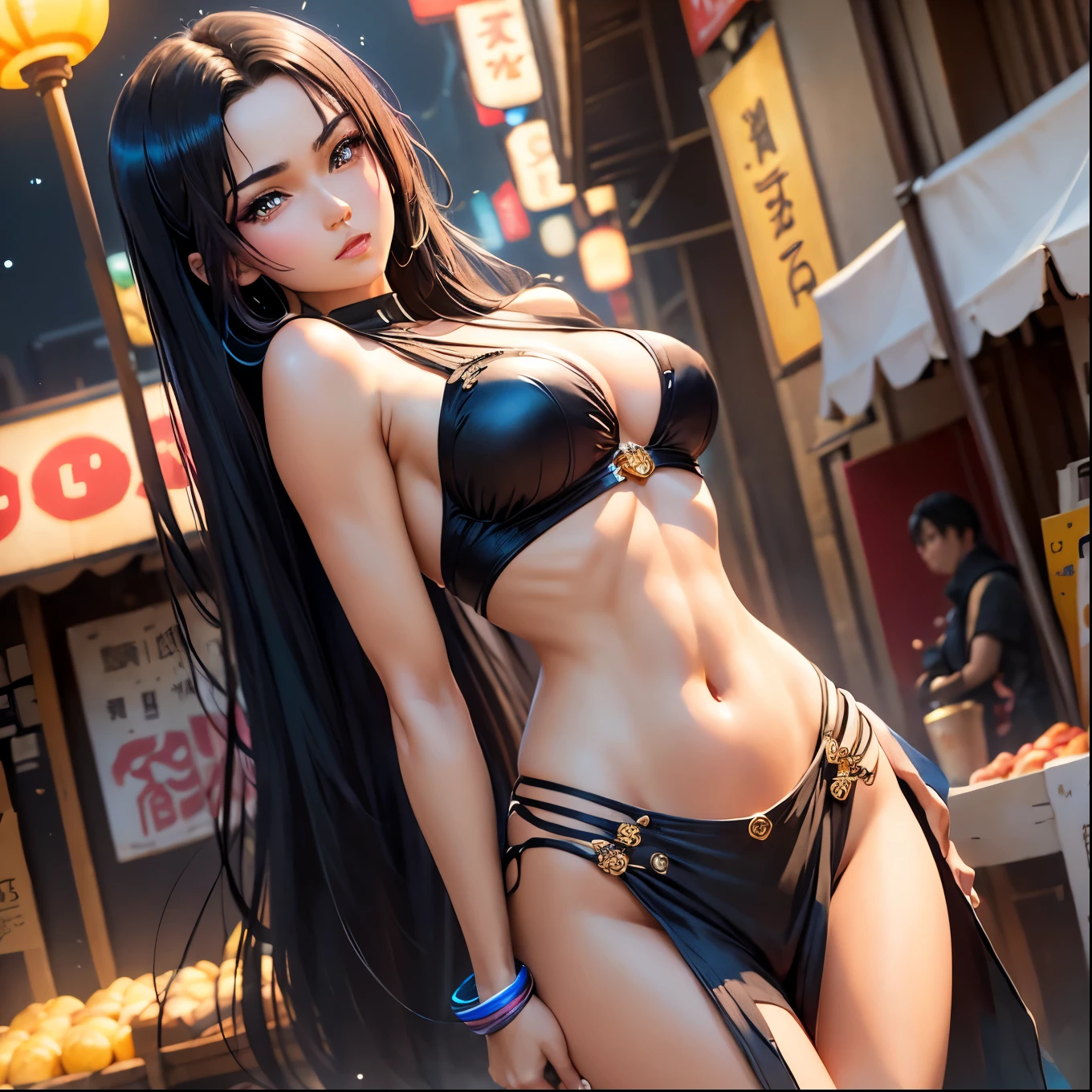 (backlighting,navel:1.1,black hair),A beautiful woman wearing on the bustling streets of Gintama, surrounded by vendors, beautiful portrait of a stunning goddess girl, beautiful detailed face, porcelain skin, half body shot, centered,((moonlight,night,big neons,strong neon lighting,rim lighting,two tone lighting))),