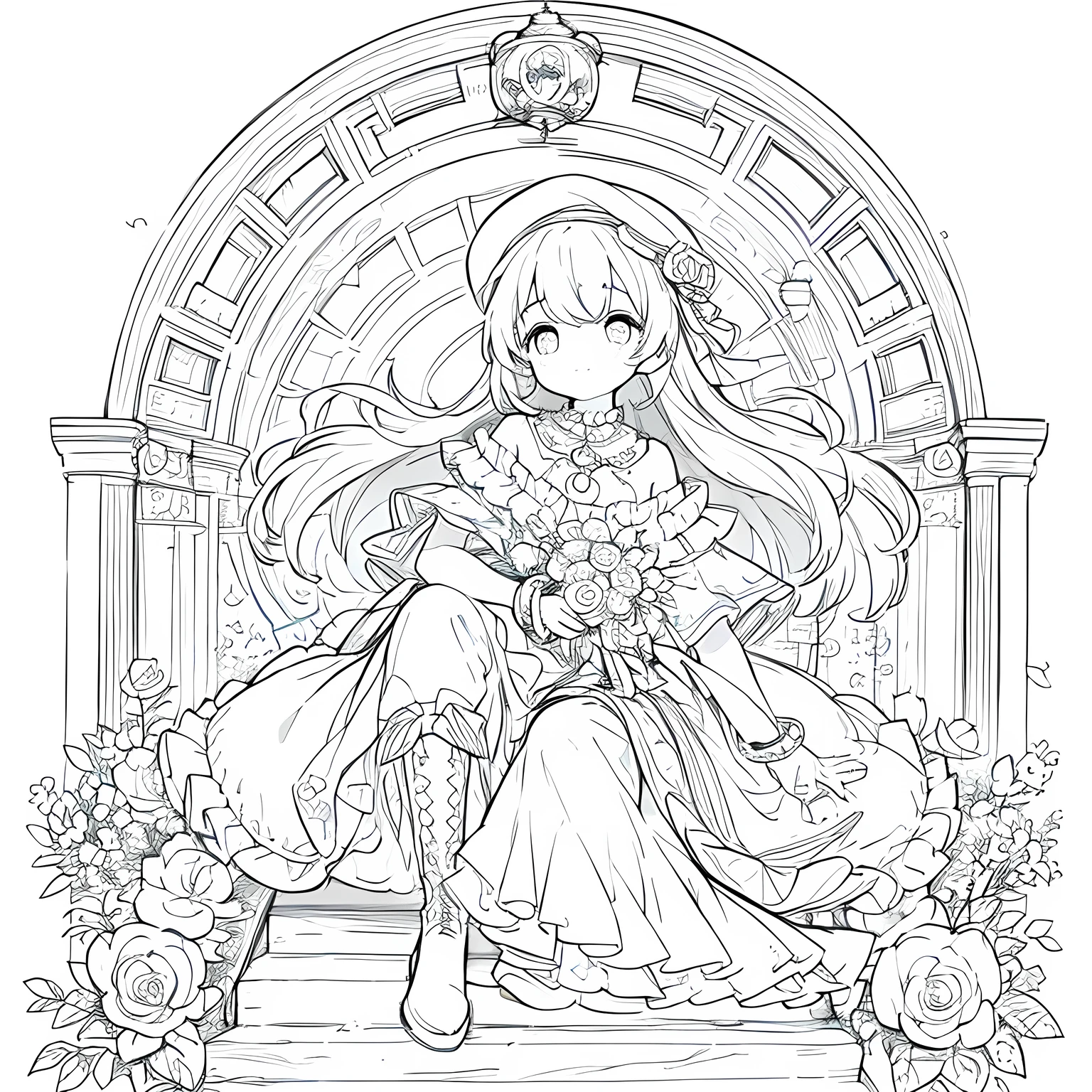 Line art background, background, Monochrome, Line art, ((sketch)),Highest quality,masterpiece,monochrome,Lineart,single color,Create a detailed coloring page,Girl、Big eyes、Patchwork style、Bell Hat、Frills、ribbon、Gorgeous、Comfortable clothing、boots,beads、pendant、bracelet、lute、flute、Magic tools、bouquet、humor、Cheerful、joy、Free-spirited、gregarious
