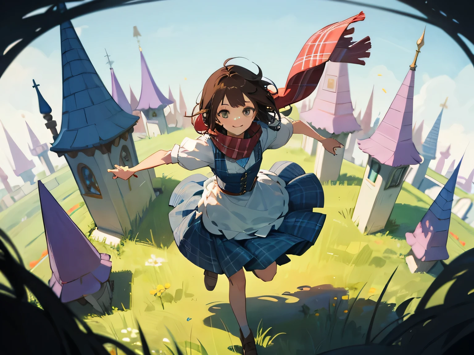 from above:1.3,close up face, reddish-brown hair, scarf, skinny long white shirt, pastel red and pastel green and white, enchanting chest, smile, girls collection, elegant and mature feminine clothing, world view of Alice in Wonderland, Sky, grassland, colorful sculptures, fantasy world, pastel colored houses, magical world, running pose,pastel colored plaid background