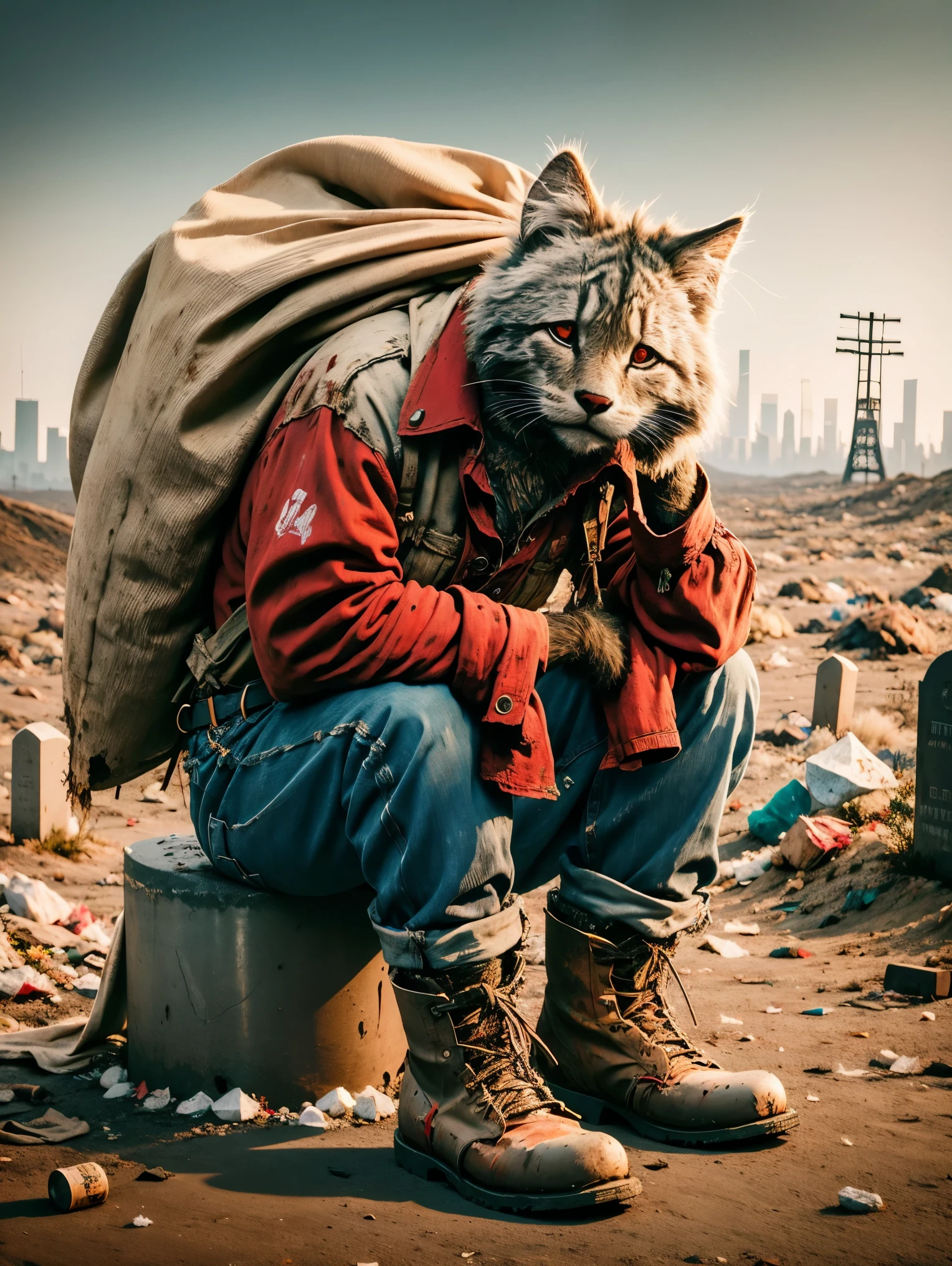 wasteland，A very poor old mech sitting on a rock thinking，Thinker，Hand on cheek，(Sitting:1.2)，rust，Wearing tattered red armor，The skyline in the distance，Gothic，moss，A small white flower，Cemetery，Gothic教堂，Blood red moon，Gothic元素，wildfires，cold，gloomy