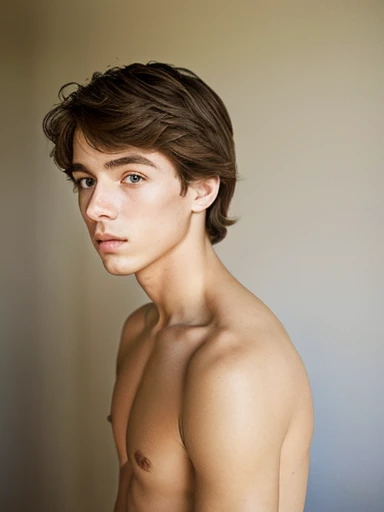 A naked fourteen year old boy, muy hermoso, piel blanca, rasgos finos, light brown eyes, light brown hair, small slanted eyes, mirada seria, mirada triste, desvestido, en la sala de estar, gafas discretas, desnudo, cuerpo completo
