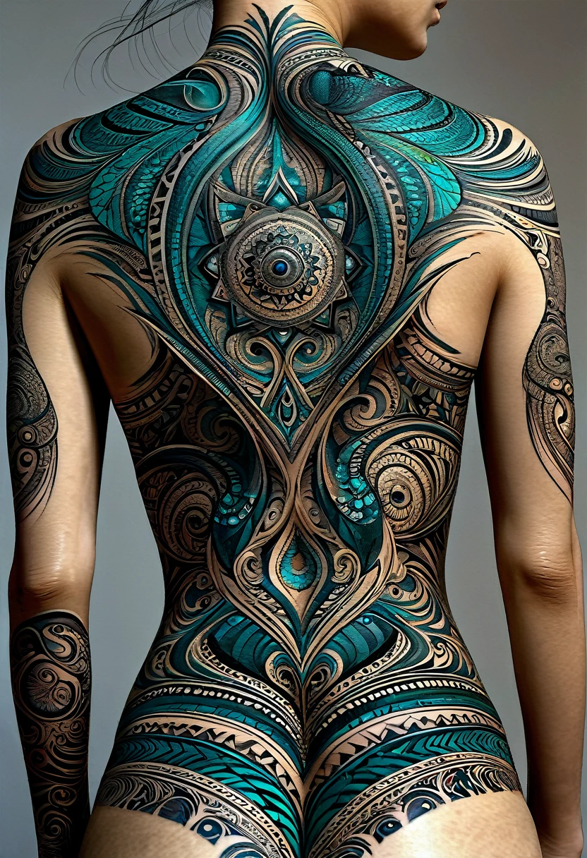 tatouage dans le dos, Very finely executed fractal tribal tattoo, fine and very precise tattoo