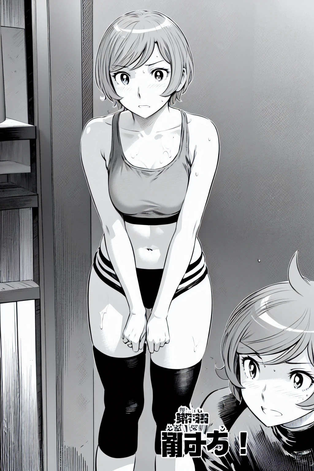 Grey sports bra、Grey panties、(masterpiece、highest quality)、highest quality, Ultra-high resolution, (((masterpiece))), alone, Sweat、Big eyes, Composition from the front、(Close-up of a person)、(Manga Style:1.1)、Shortcuts、Embarrassed face、Blonde Hair、Short back hair、