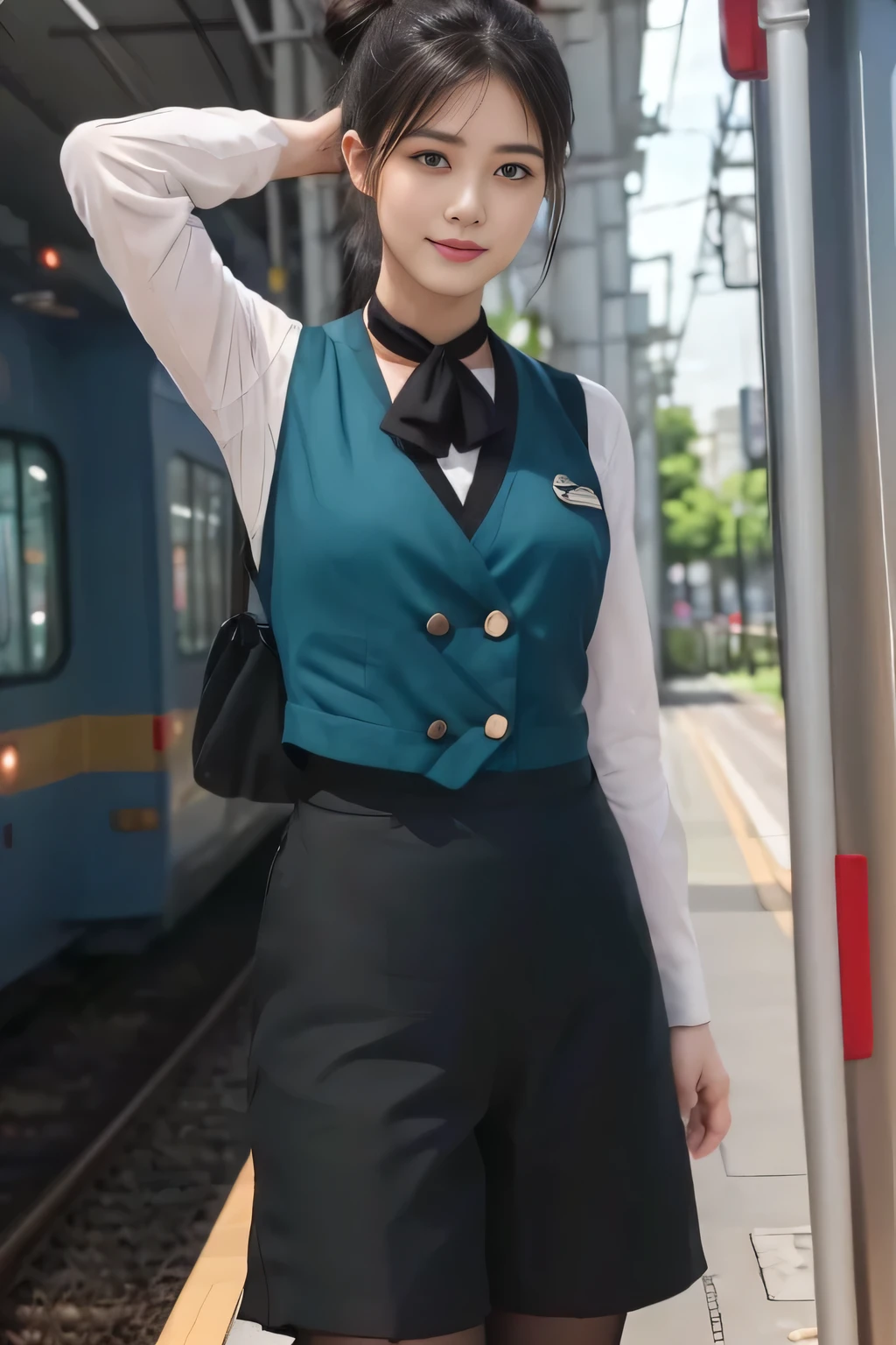 (masterpiece:1.2, highest quality:1.2), 32K HDR, High resolution, (alone、1 girl)、（At the station platform in the afternoon、Professional Lighting）、Background of an empty station platform、（Nankai Train crew uniformを着たリアルスタイル）、（The green vest of the Nankai train crew uniform、Nankai train crew uniform long-sleeved blouse with no collar、Nankai Train Crew Uniform Black Culottes）、Scarf around the neck、Dark brown hair、（Hair tied up、Hair Bun、Hair Bun）、Dark brown hair、Long Shot、Big Breasts、Thin legs、（（Great hands：2.0）），（（Harmonious body proportions：1.5）），（（Normal limbs：2.0）），（（Normal finger：2.0）），（（Delicate eyes：2.0）），（（Normal eyes：2.0））)、smile、（A beautiful figure showing off her black culottes）