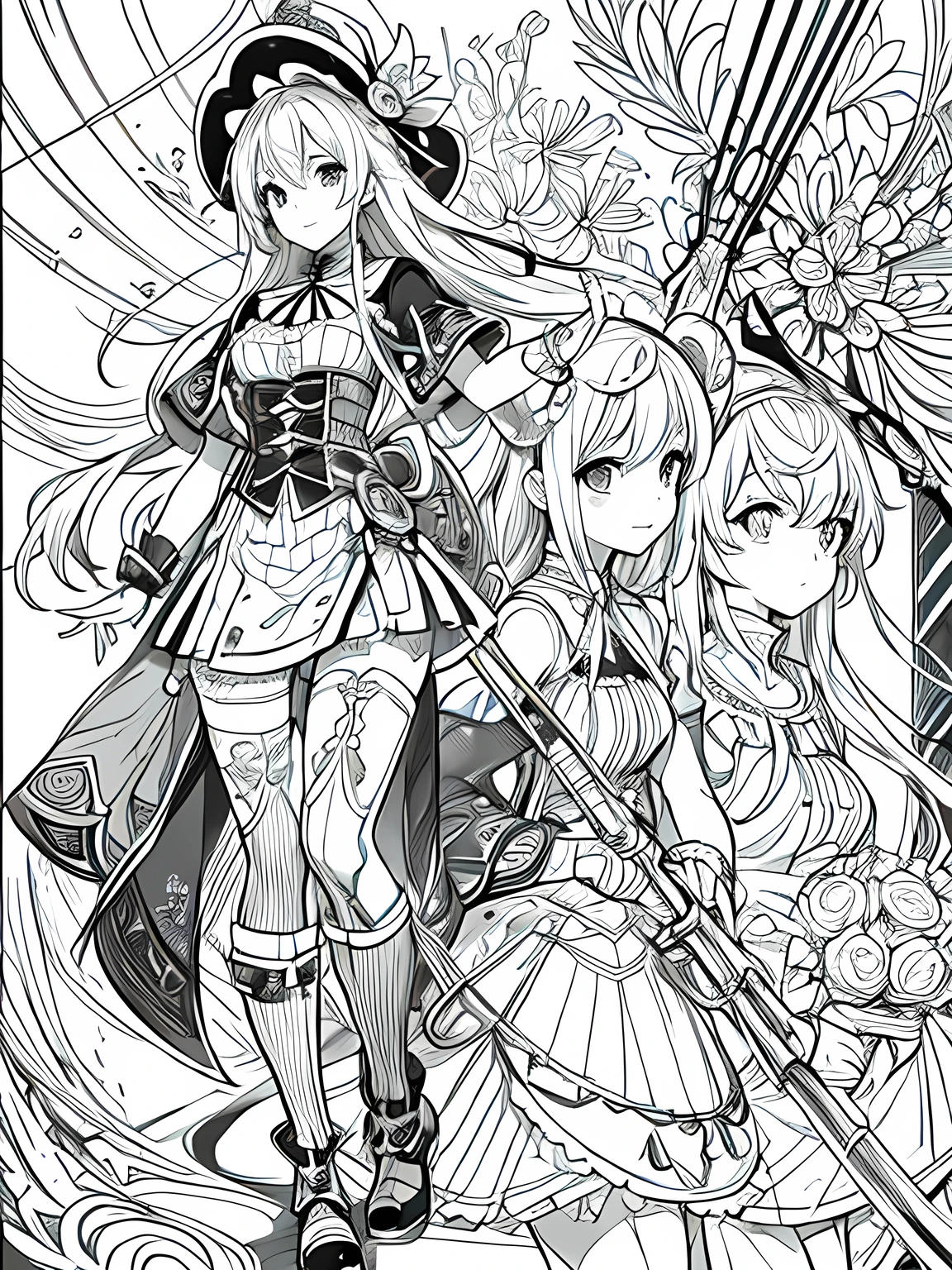 Line art background, background, Monochrome, Line art, ((sketch)),Highest quality,masterpiece,monochrome,Lineart,single color,Create a detailed coloring page,Girl、Big eyes、Patchwork style、Bell Hat、Frills、ribbon、Gorgeous、Comfortable clothing、boots,beads、pendant、bracelet、lute、flute、Magic tools、bouquet、humor、Cheerful、joy、Free-spirited、gregarious