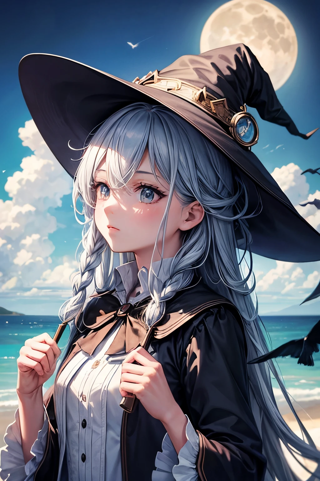 best quality, highly detailed, masterpiece, ultra-detailed, cloud, witch_hat, hat, 1girl, sky, blue_sky,day, long_hair, cloudy_sky, moon,bird, solo, silver_hair, witch, outdoors