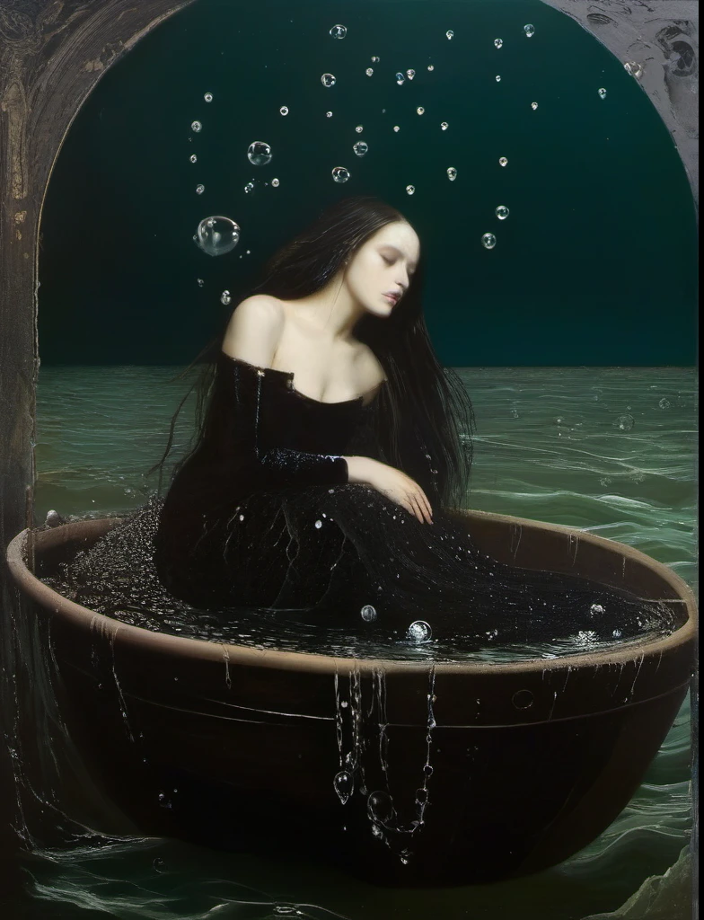 James Gurney, Surrealist art , dream-like, mysterious, Provocative, symbolic, Complex, detailed,, (Gothic but very beautiful:1.4), (masterpiece, Highest quality:1.4) , Nicola Samori Style, siren 、Water bubbles、In the water、unicorn、Young and beautiful woman