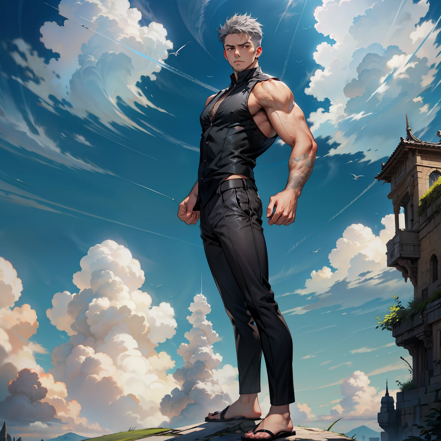1boys, Full body, Serious face, brown eyes, ((gray hair)), medium length hair, wearing black sleeveless shirt, black trousers pants, black hair, levitate on sky, blue sky, cloud, side back view

