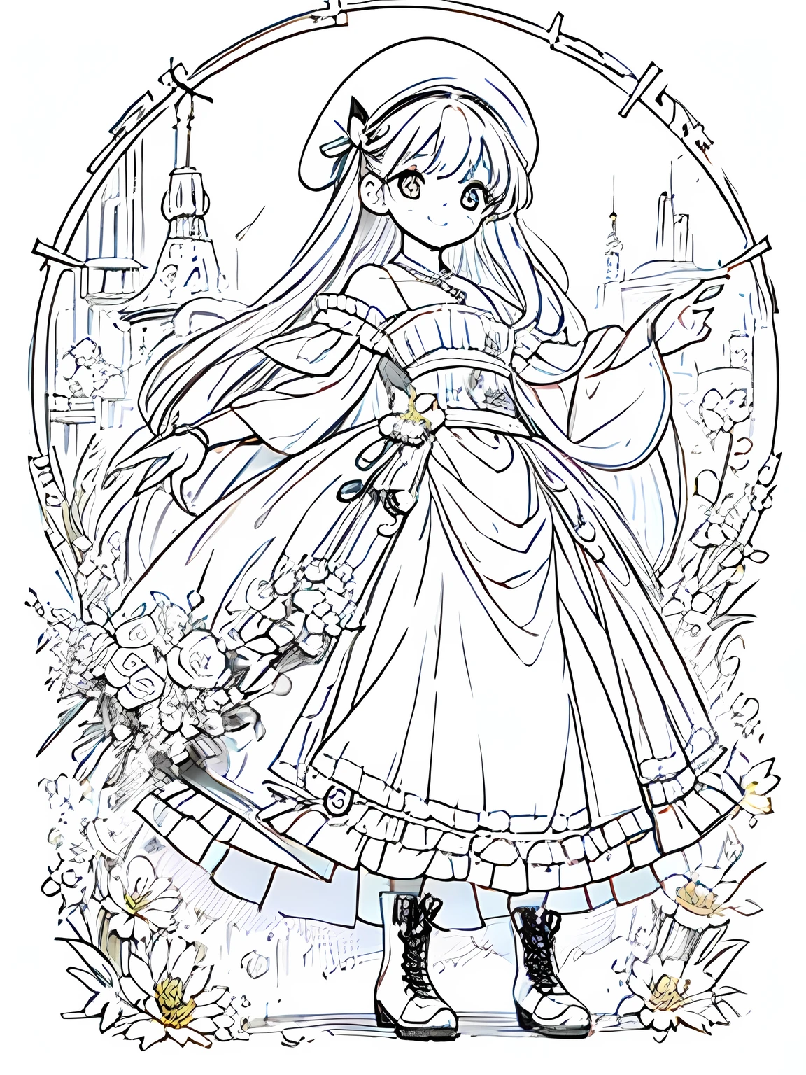 Line art background, background, Monochrome, Line art, ((sketch)),Highest quality,masterpiece,monochrome,Lineart,single color,Create a detailed coloring page,Girl、Big eyes、Patchwork style、Bell Hat、Frills、ribbon、Gorgeous、Comfortable clothing、boots,beads、pendant、bracelet、lute、flute、Magic tools、bouquet、humor、Cheerful、joy、Free-spirited、gregarious