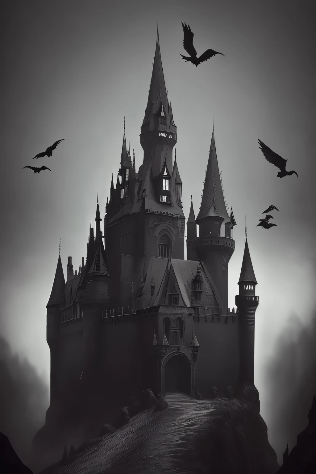 a black and white photo of a castle surrounded by crows, ominous gothic aesthetic, gothic atmosphere, dark fantasy setting, fantasy dark art, dark fantasy mixed with realism, gothic horror vibes, gothic art, dark and gothic, gothic background, dark fantasy. intricate, gothic fantasy art, dark fantasy art, gothic art style, gothic horror, gothic aesthetic, highly detailed dark art