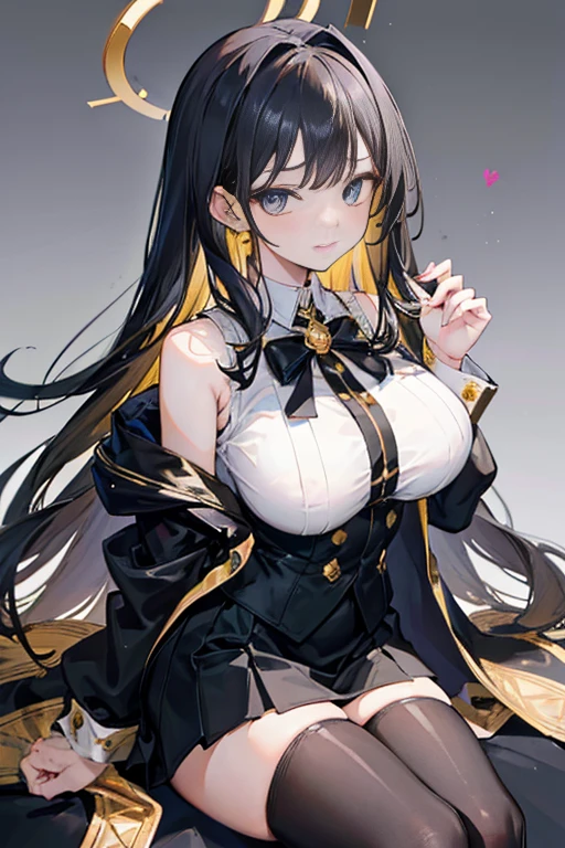masterpiece, best quality, absurdres, 1girl, solo, long hair, hair intakes, dark hair, deep golden eyes, cocky, smirk, sleeveless white vest, black short skirt with gold lining, and a black, sleeved coat with a gold interior, halo, big breasts, thick thighs