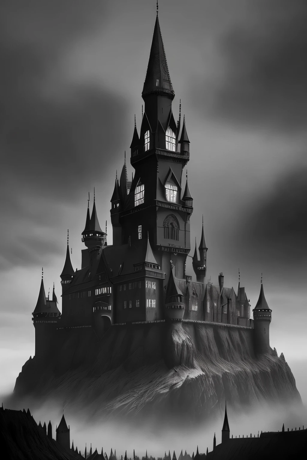 a black and white photo of a castle surrounded by crows, a matte painting by Auseklis Ozols, tumblr, gothic art, ominous gothic aesthetic, gothic atmosphere, dark fantasy setting, fantasy dark art, dark fantasy mixed with realism, gothic horror vibes, dark and gothic, gothic background, dark fantasy. intricate, gothic fantasy art, dark fantasy art