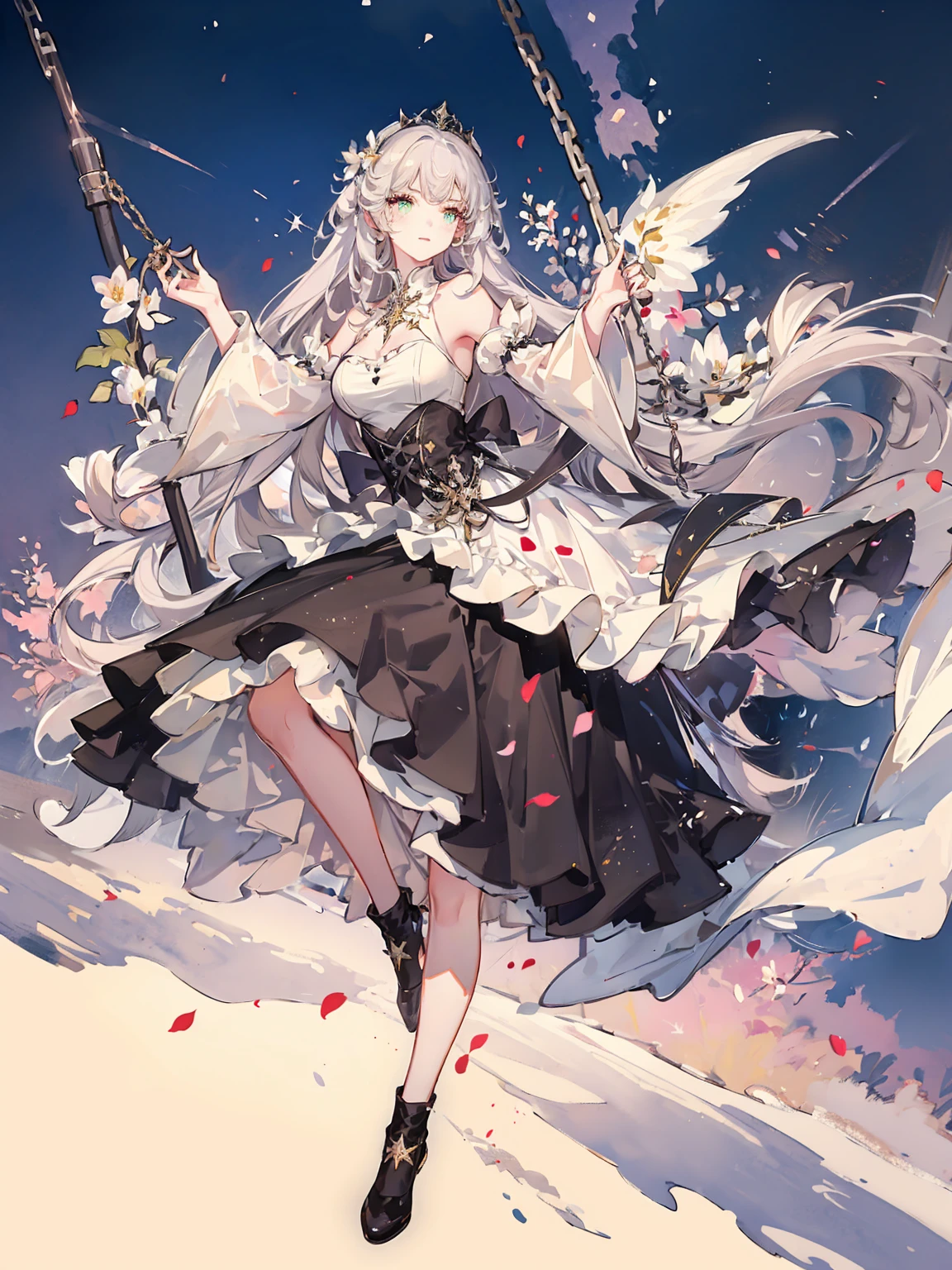 drawing a girl in a pastel dress riding a swing in the air, 1girl, solo, dress,starlight, star, swinging, long hair, emerald eyes, long sleeve, bare shoulders, long dress, fantasy drawings