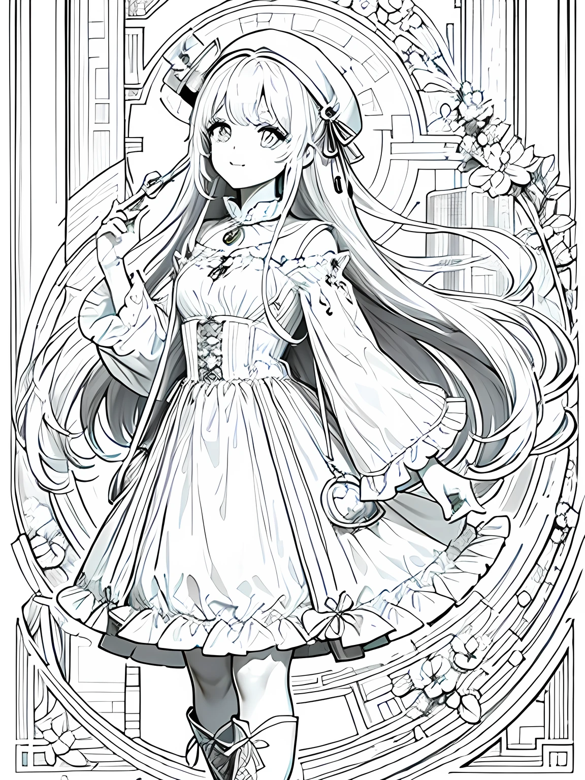 Line art background, background, Monochrome, Line art, ((sketch)),Highest quality,masterpiece,monochrome,Lineart,single color,Create a detailed coloring page,Girl、Big eyes、Patchwork style、Bell Hat、Frills、ribbon、Gorgeous、Comfortable clothing、boots,beads、pendant、bracelet、lute、flute、Magic tools、bouquet、humor、Cheerful、joy、Free-spirited、gregarious