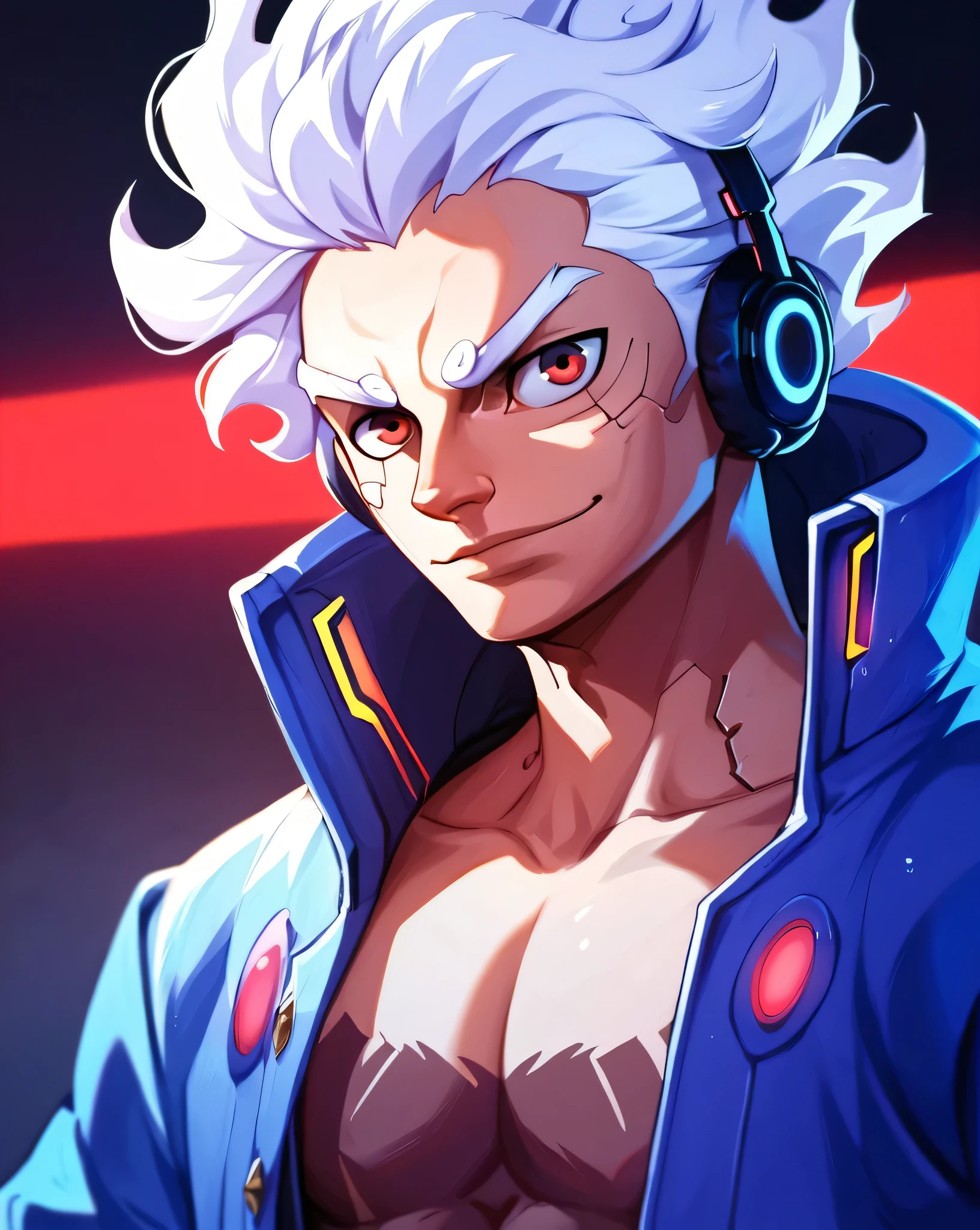 score_9, score_8_up, score_7_up , solo, handsome, 1 male, cyberpunk, blue coat, short hair, white hair, neon, dark red eyes, headphones, (gearfive:1.0), confident