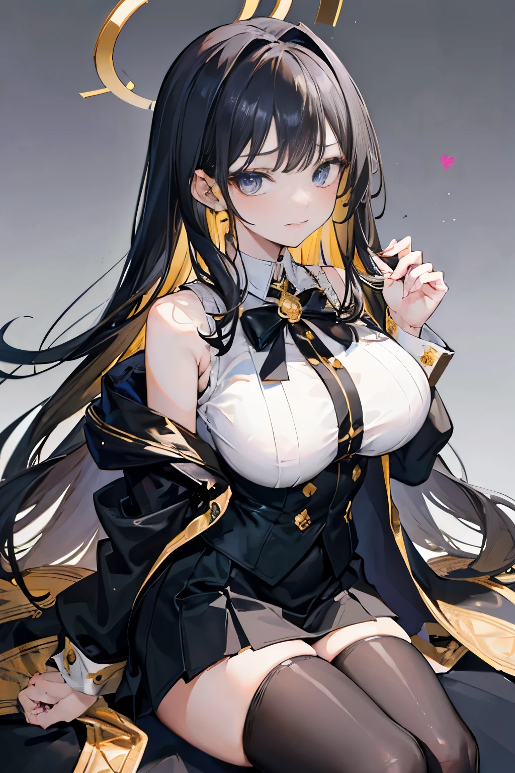 masterpiece, best quality, absurdres, 1girl, solo, long hair, hair intakes, dark hair, deep golden eyes, cocky, smirk, sleeveless white vest, black short skirt with gold lining, and a black, sleeved coat with a gold interior, halo, big breasts, thick thighs