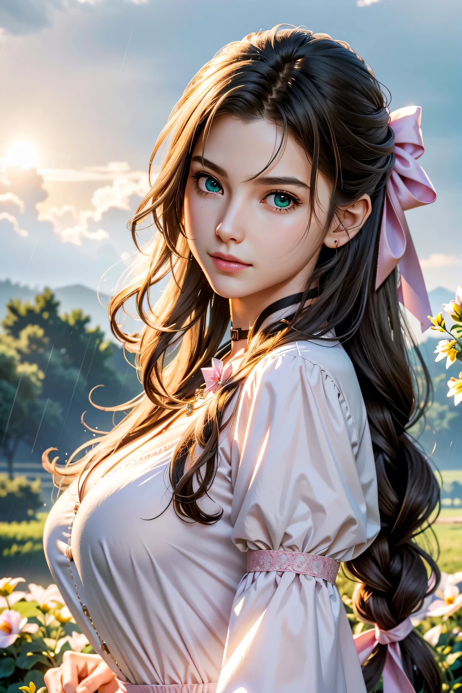 (masterpiece, 最high quality)
Aeris FF7, 1 Girl, alone, Long Hair, bangs, Brown Hair, dress, bow, ribbon, jewelry, Closed Mouth, Green Eyes, Red jacket, hair pink ribbon, Upper Body, Braid, hair bow, Side Lock, choker, necklace, lips, parted bangs, pink bow, Portraiture, Pink dress,  Photorealistic,Ultra HD,high quality,masterpiece,Digital SLR,Detailed details,Intricate details,Anatomical basis,Depicted in detail,A detailed face,Realistic skin texture,Vivid details,Perfect Anatomy,Perfect Anatomy,Anatomically correct hand,Anatomically correct fingers,Super Detail,Complex 3D rendering,Huge boobs,Sexy pose,Beautiful morning glory(flower),Rainy Sky,Beautiful scenery,Fantastic rainy sky,Picturesque,Pink Lips,smile,Fantastic butterflies々,
