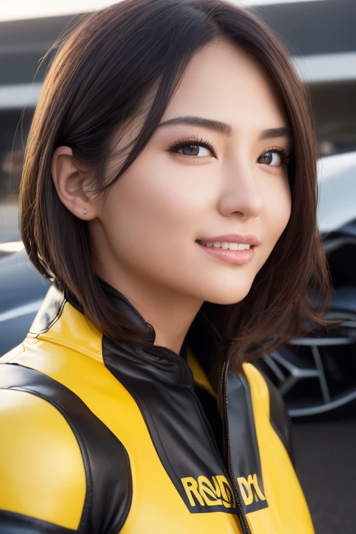 smile、smile、Facial retouching///((In front of a race car on the race track:1.3)), ((Take off your upper body、black、yellow、Red leather racing suit:1.3)), (Racing Boots),Fix it in safe mode, (Accurately reproduce images1.37), (1.Lady), Supermodel, (Best quality correction:1.21), 32K resolution, (Realistic:1.21), (Ultra-realistic:1.21), High resolution UHD, (masterpiece:1.21), (Improvement of quality:1.4), (Very beautiful facial details), (Perfect Anatomy:1.37),Physically Based Rendering, Ray Tracing, (Improvement of quality:1.21), (Highest quality real texture skins:1.21), (Highly detailed eyes:1.21), Symmetrical eyes, deep colored eyes, Face drawn in detail, (Very fine eye:1.21), (Beautiful Lips:1.21), (Great nose:1.2), Fine eyelashes, Sharpen your eyebrows, (Realistic), (Sharp focus), Faithful and accurate facial reproduction, Blurred Background, Professional cinema lighting,(Dynamic pose)、Detailed nipple texture, (Erect nipples:1.5),